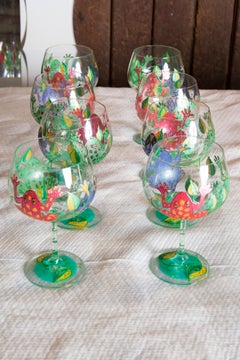 Set of Eight Hand-Painted Frog Glasses, Art Glass, 1980s, USA