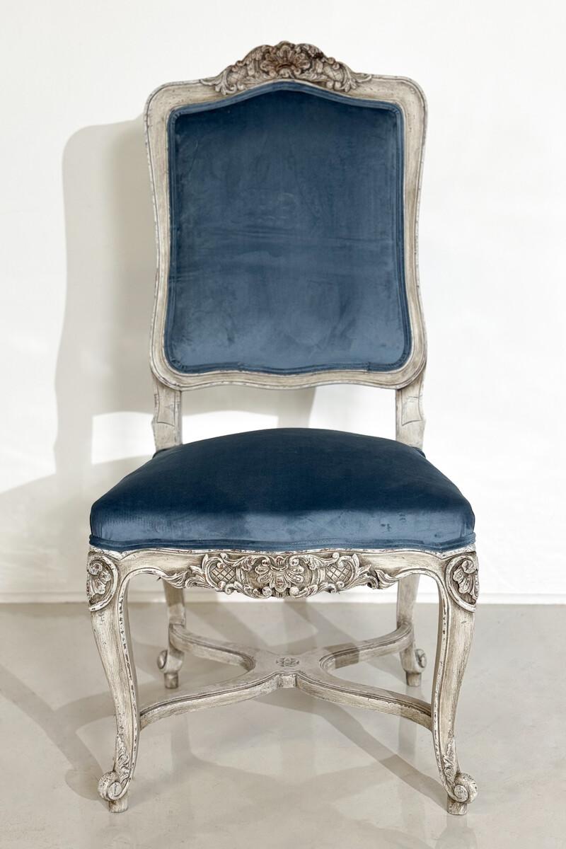 Contemporary Set of 8 Regency Style Chairs, Light Blue Velvet and Wood, Belgium, 2000s For Sale
