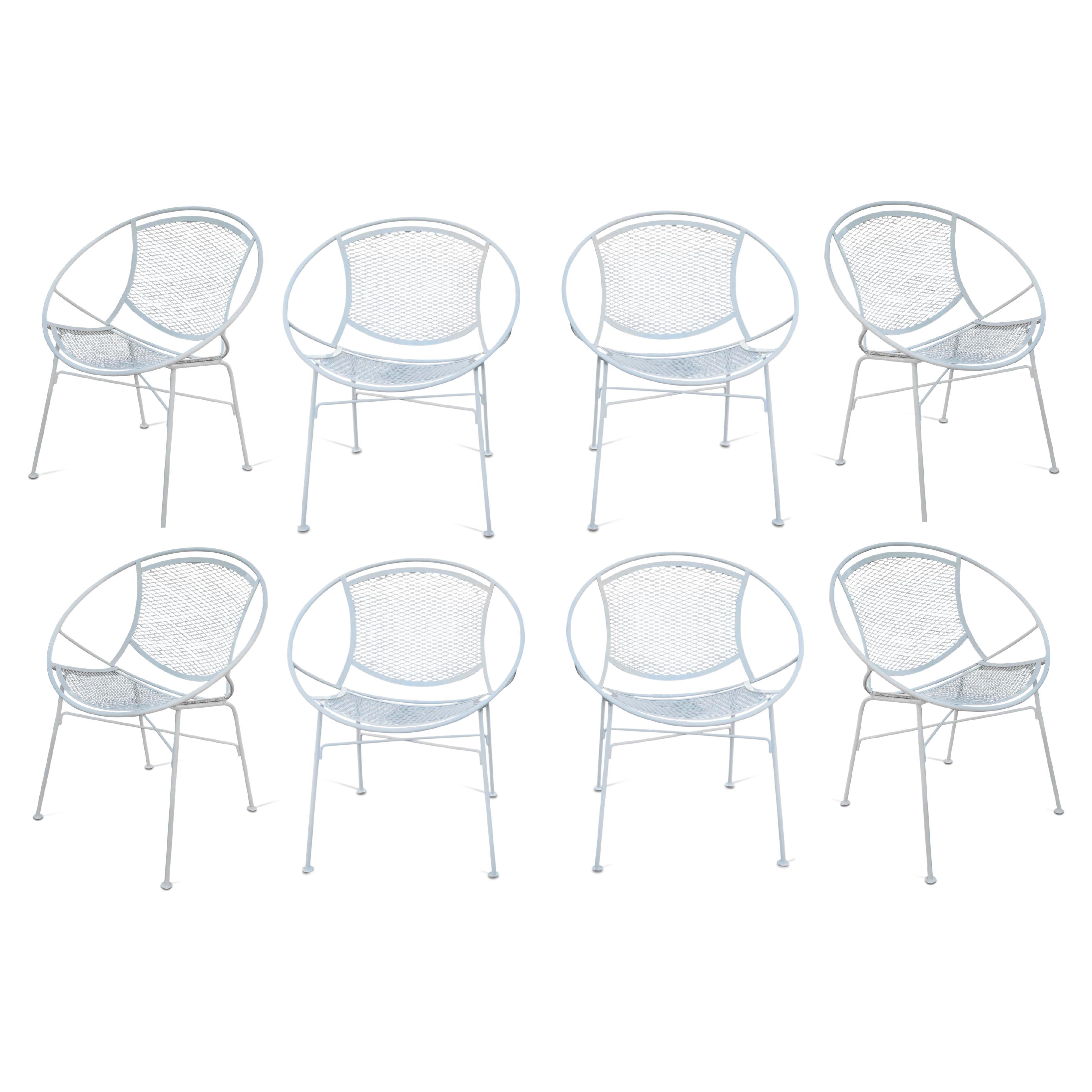 Set of 8 Restored Tempestini for Salterini Radar White Powder Coated Iron Chairs For Sale