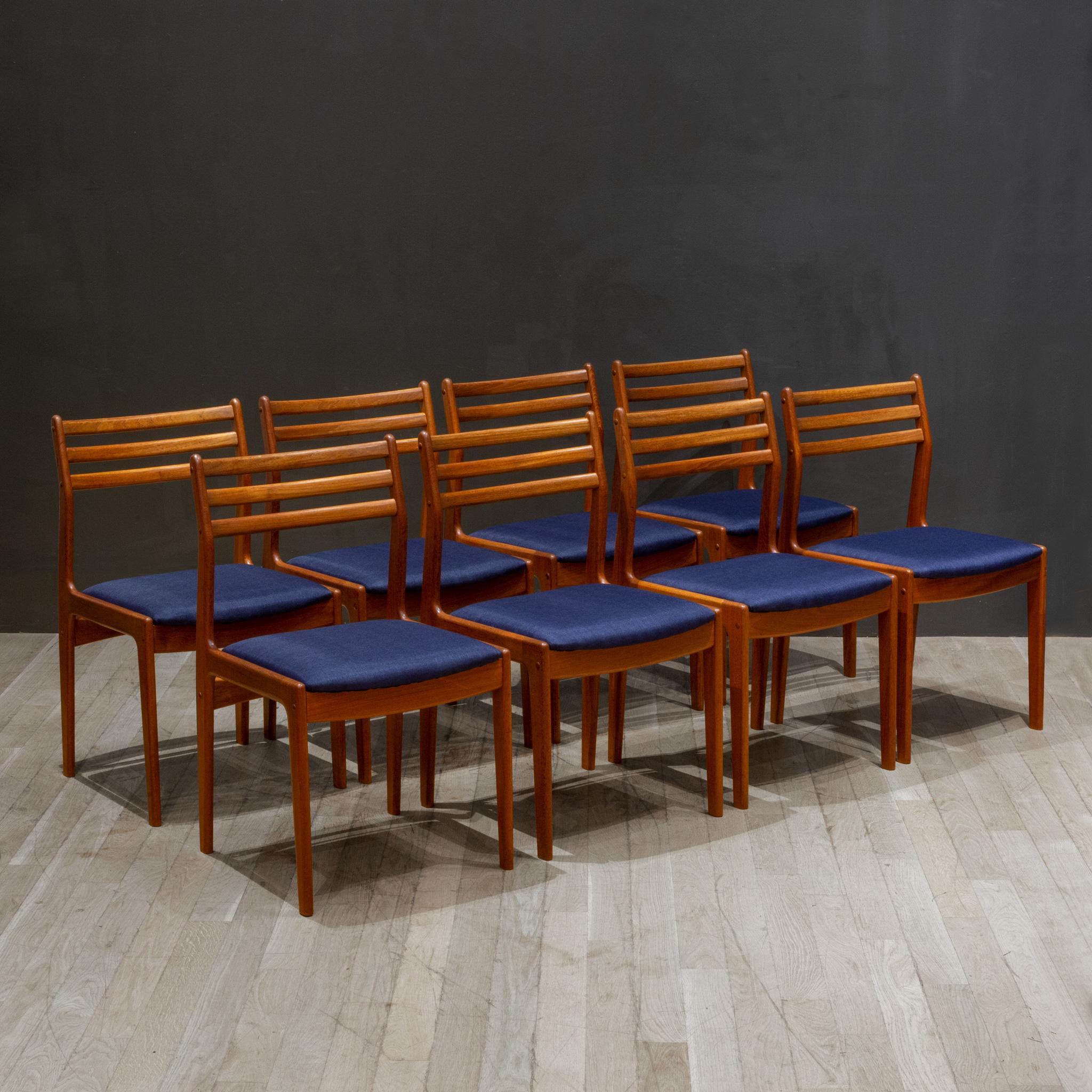 ABOUT

Contact S16 Home San Francisco for more photos of each chair. 

A set of 8 ladder back dining chairs with a Solid Teak frame. Reupholstered in a Navy Blue fabric.

    CREATOR Attributed to Arup Stole, Denmark.
    DATE OF MANUFACTURE