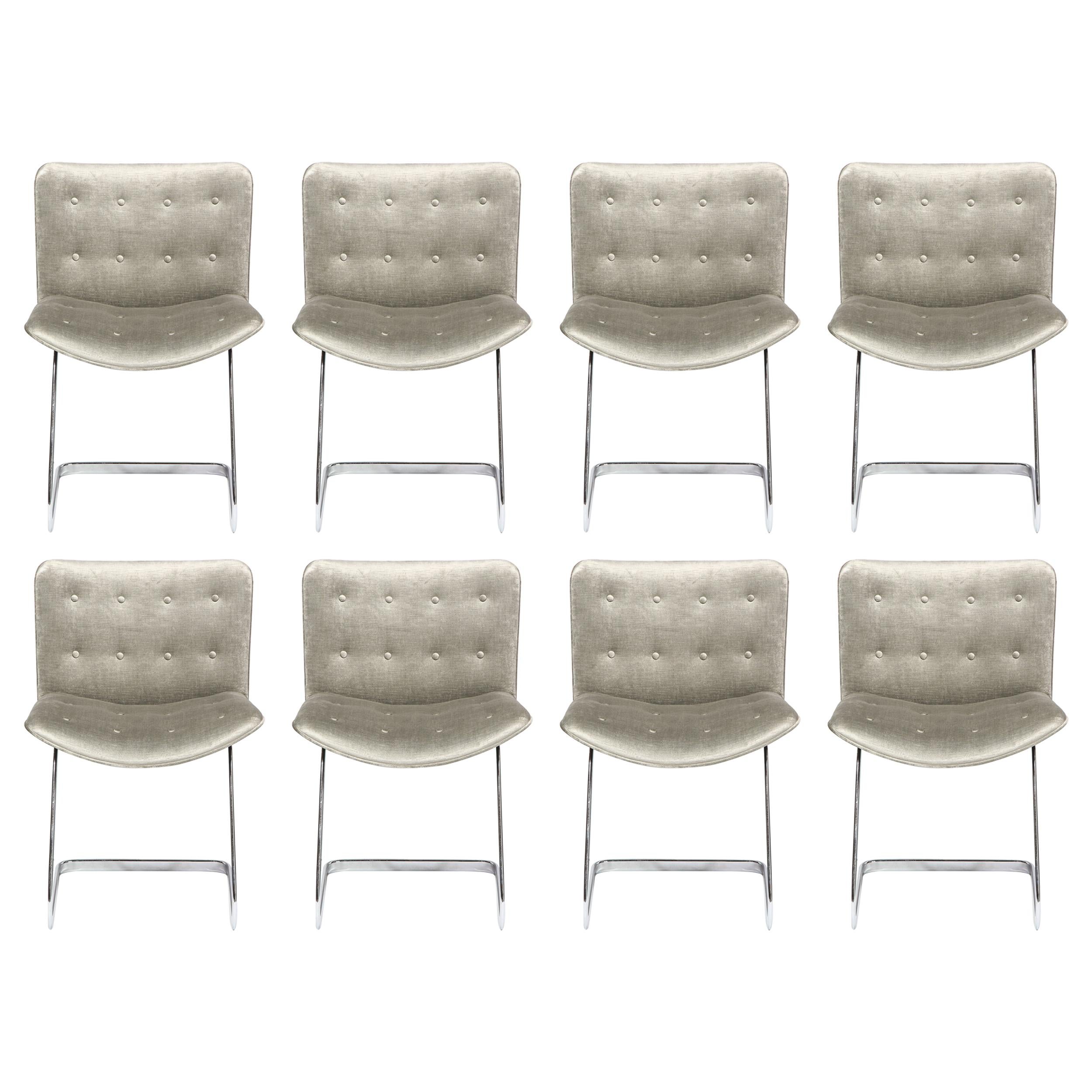 Set of 8 Robert Haussman for Stending Chrome & Velvet Button Back Dining Chairs