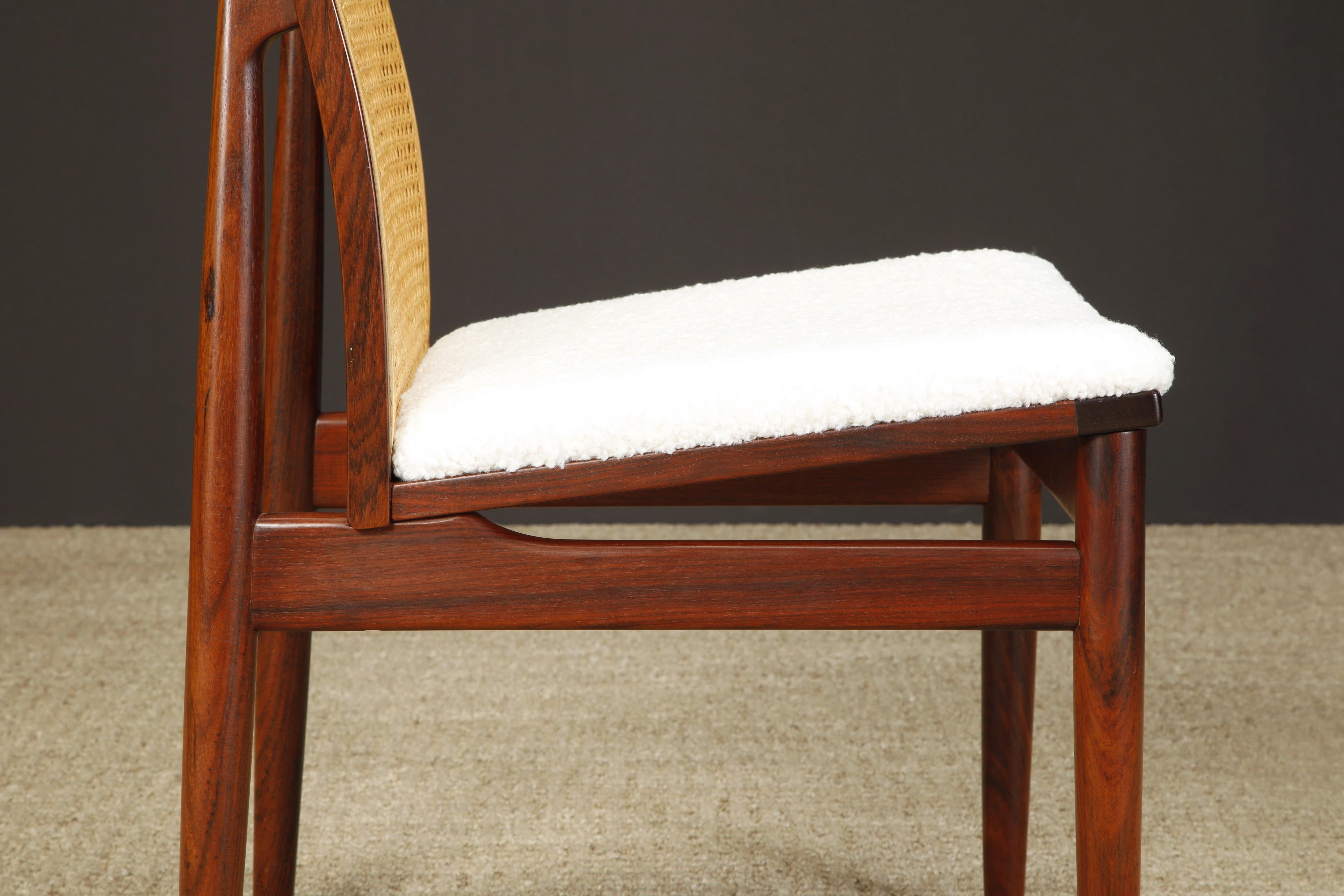Set of 8 Rosewood, Cane and Bouclé Dining Chairs by Dyrlund, c 1970, Signed 8