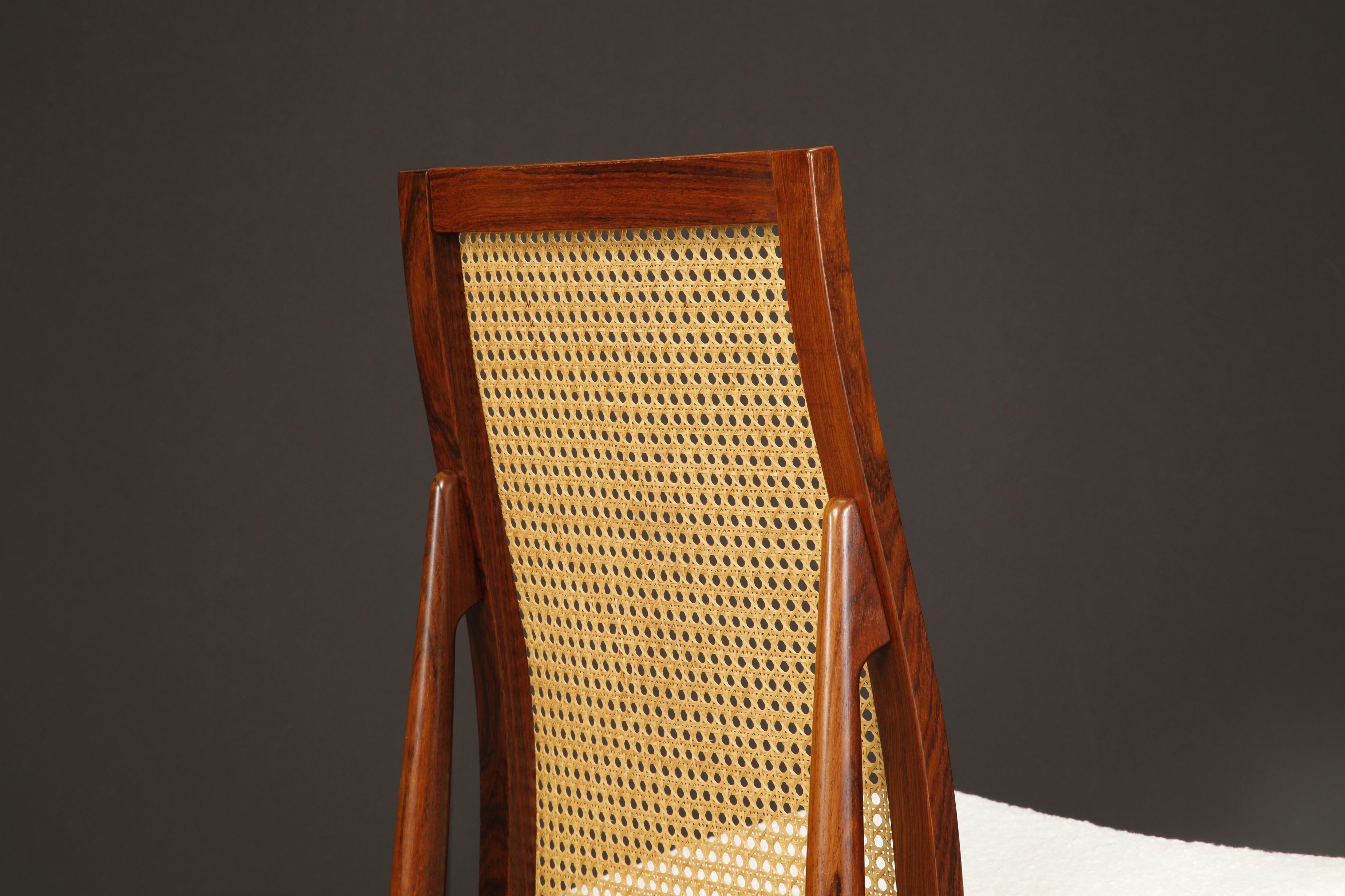 Set of 8 Rosewood, Cane and Bouclé Dining Chairs by Dyrlund, c 1970, Signed 10