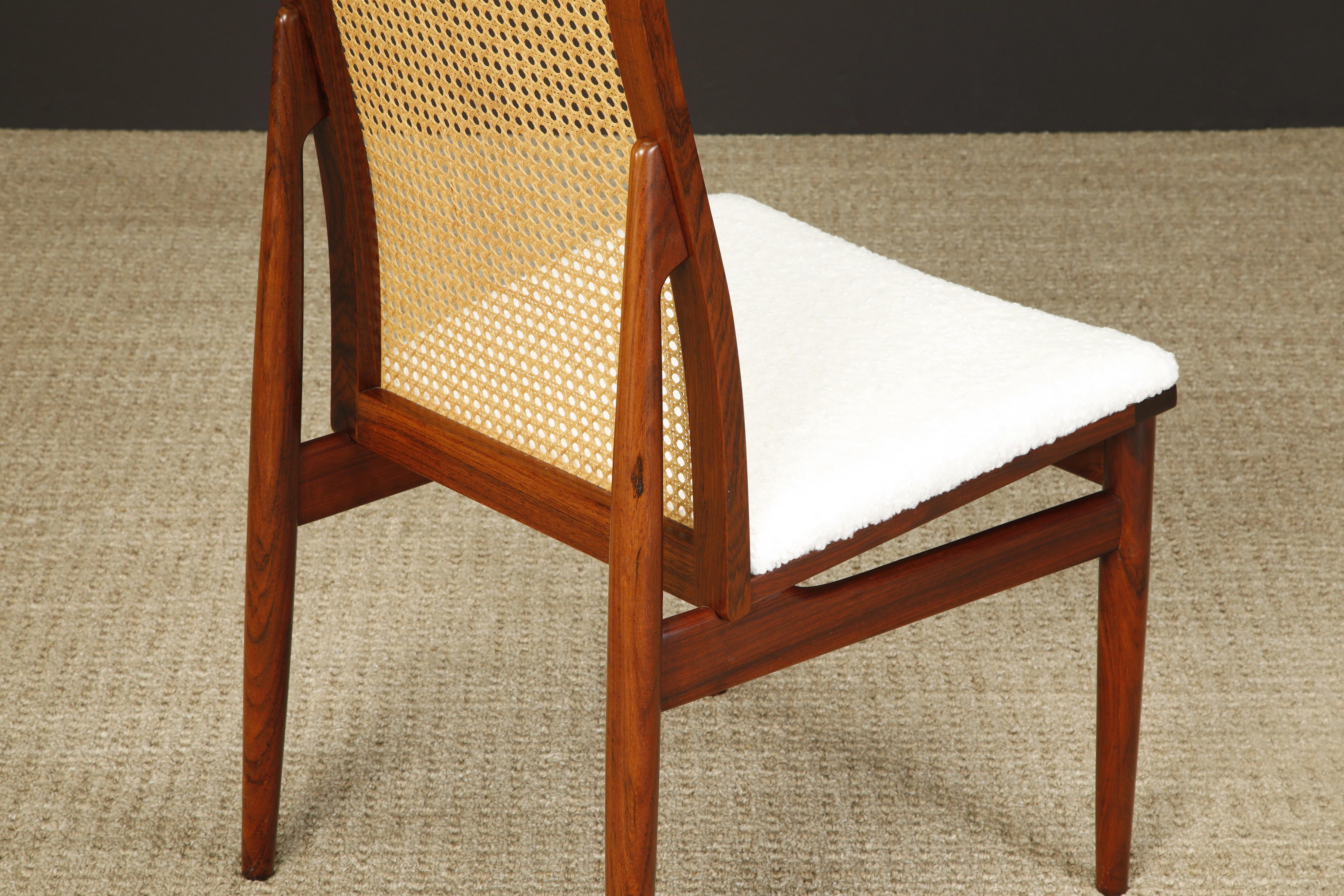Set of 8 Rosewood, Cane and Bouclé Dining Chairs by Dyrlund, c 1970, Signed 11