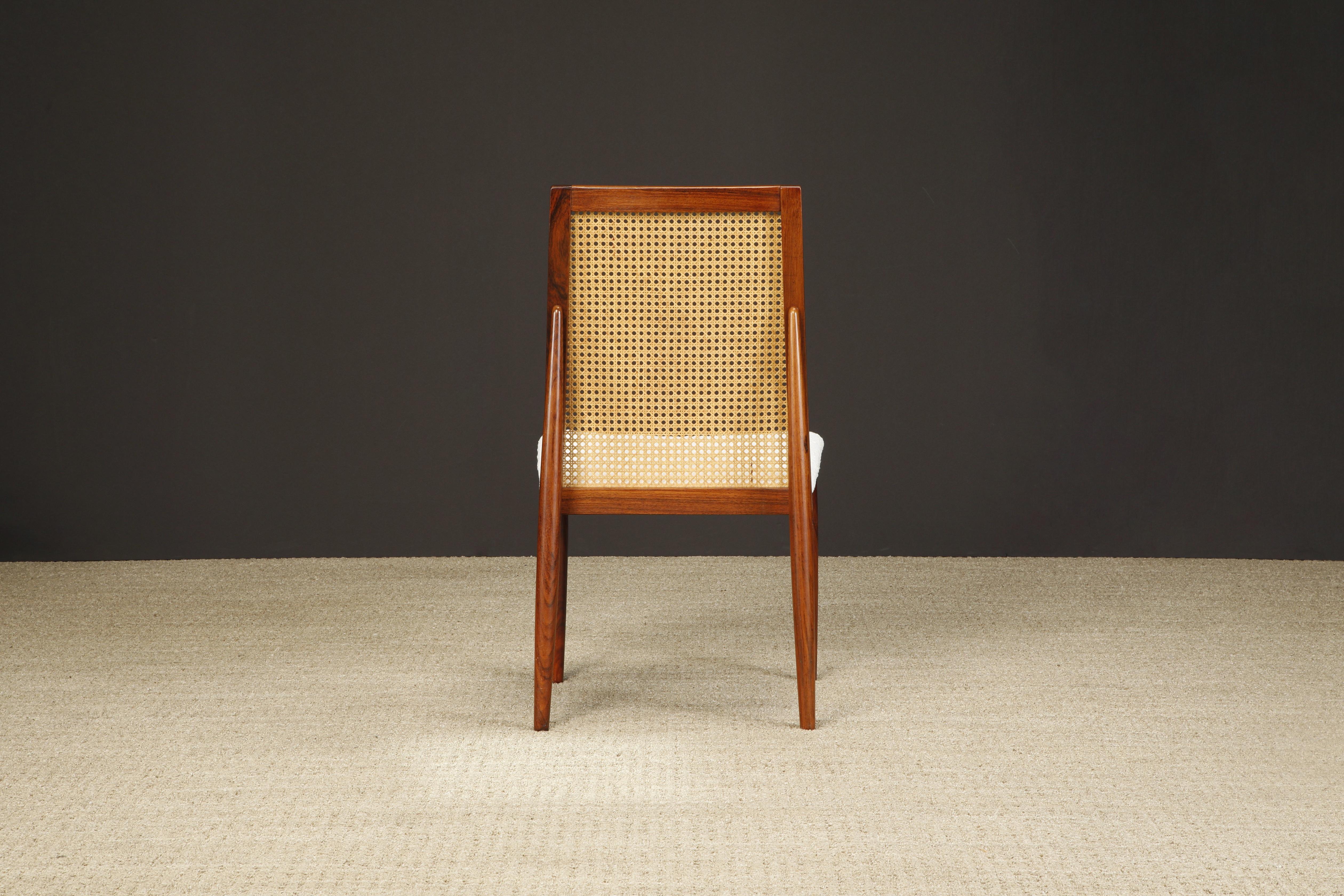 Set of 8 Rosewood, Cane and Bouclé Dining Chairs by Dyrlund, c 1970, Signed 12