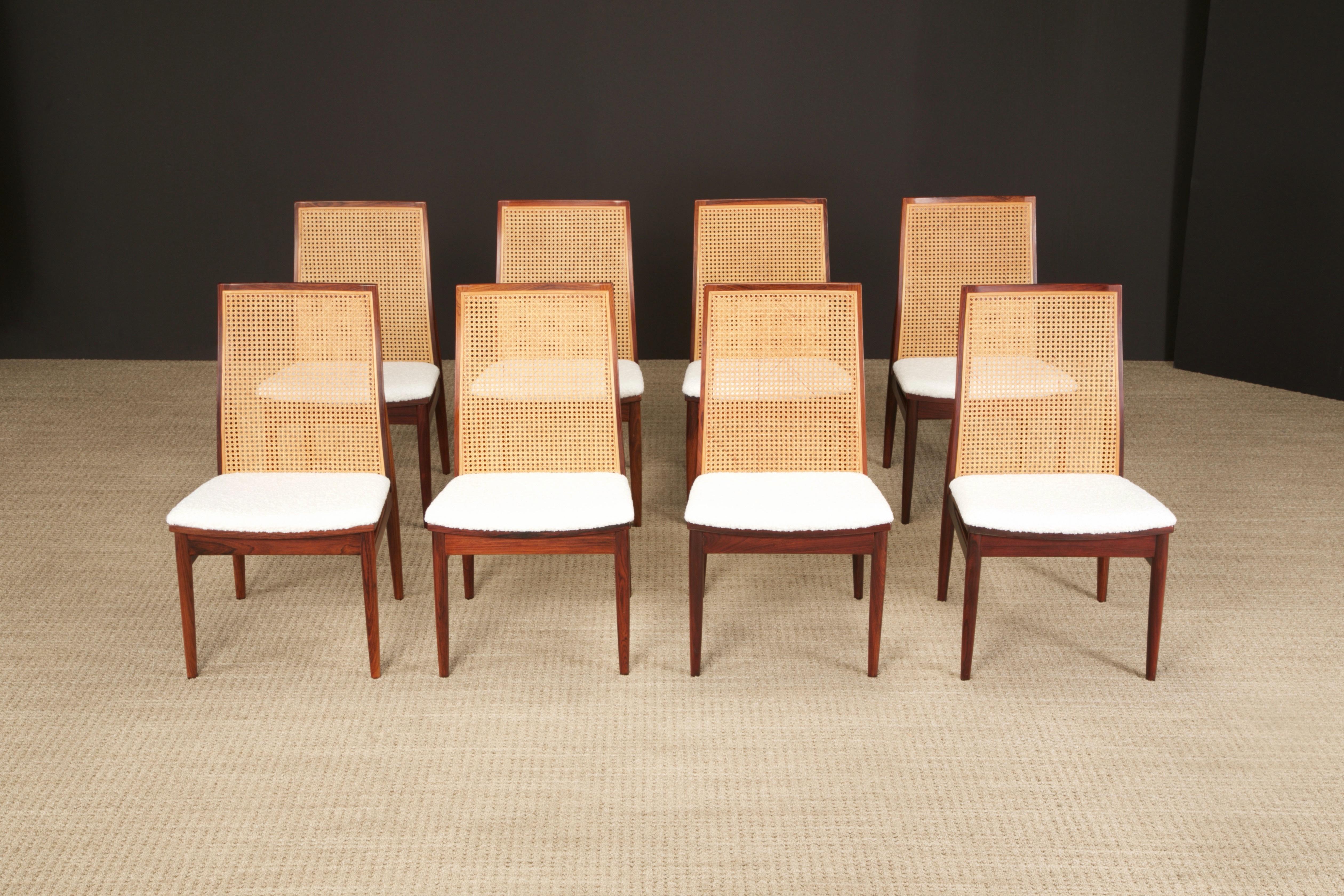 Mid-Century Modern Set of 8 Rosewood, Cane and Bouclé Dining Chairs by Dyrlund, c 1970, Signed