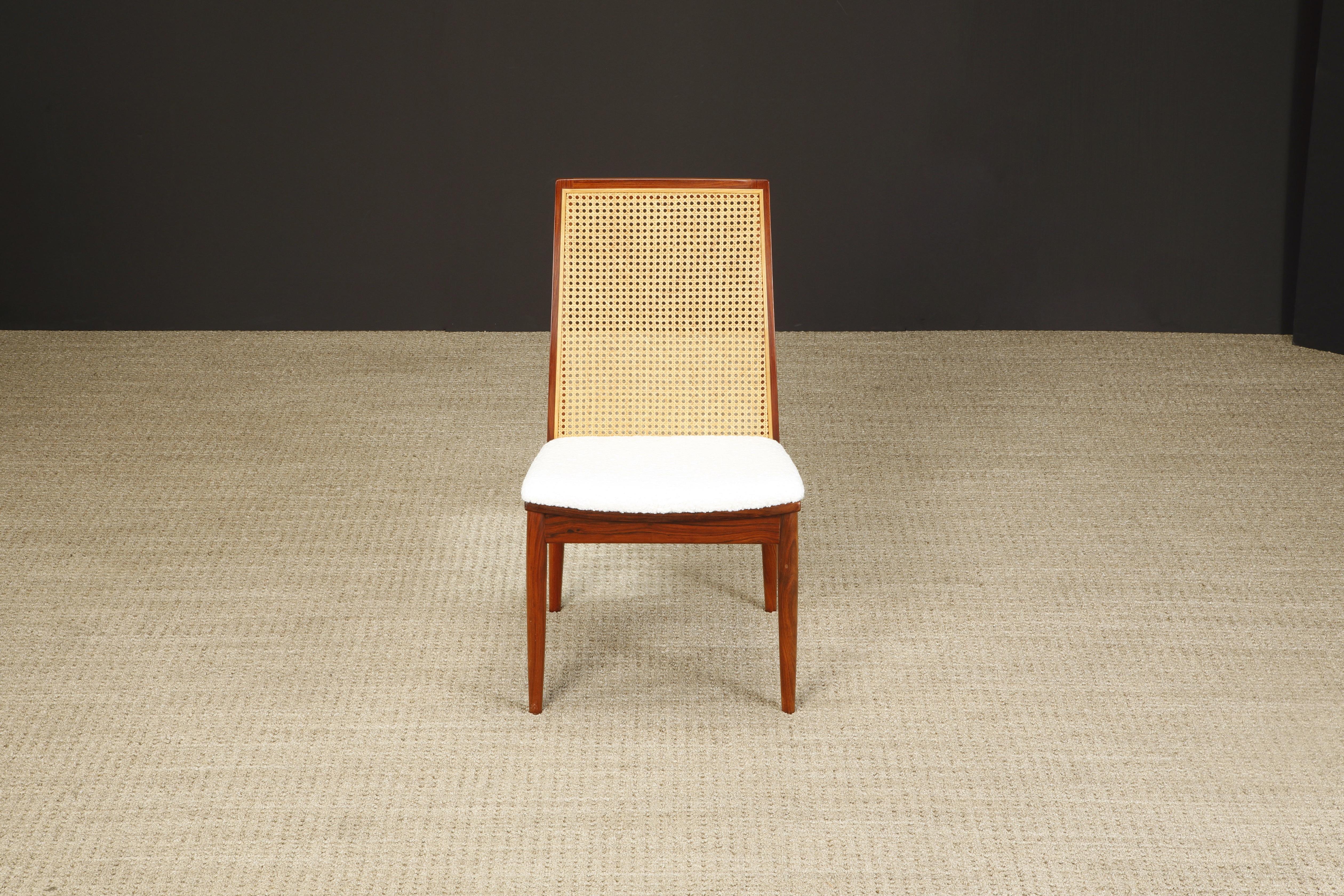 Set of 8 Rosewood, Cane and Bouclé Dining Chairs by Dyrlund, c 1970, Signed In Excellent Condition In Los Angeles, CA