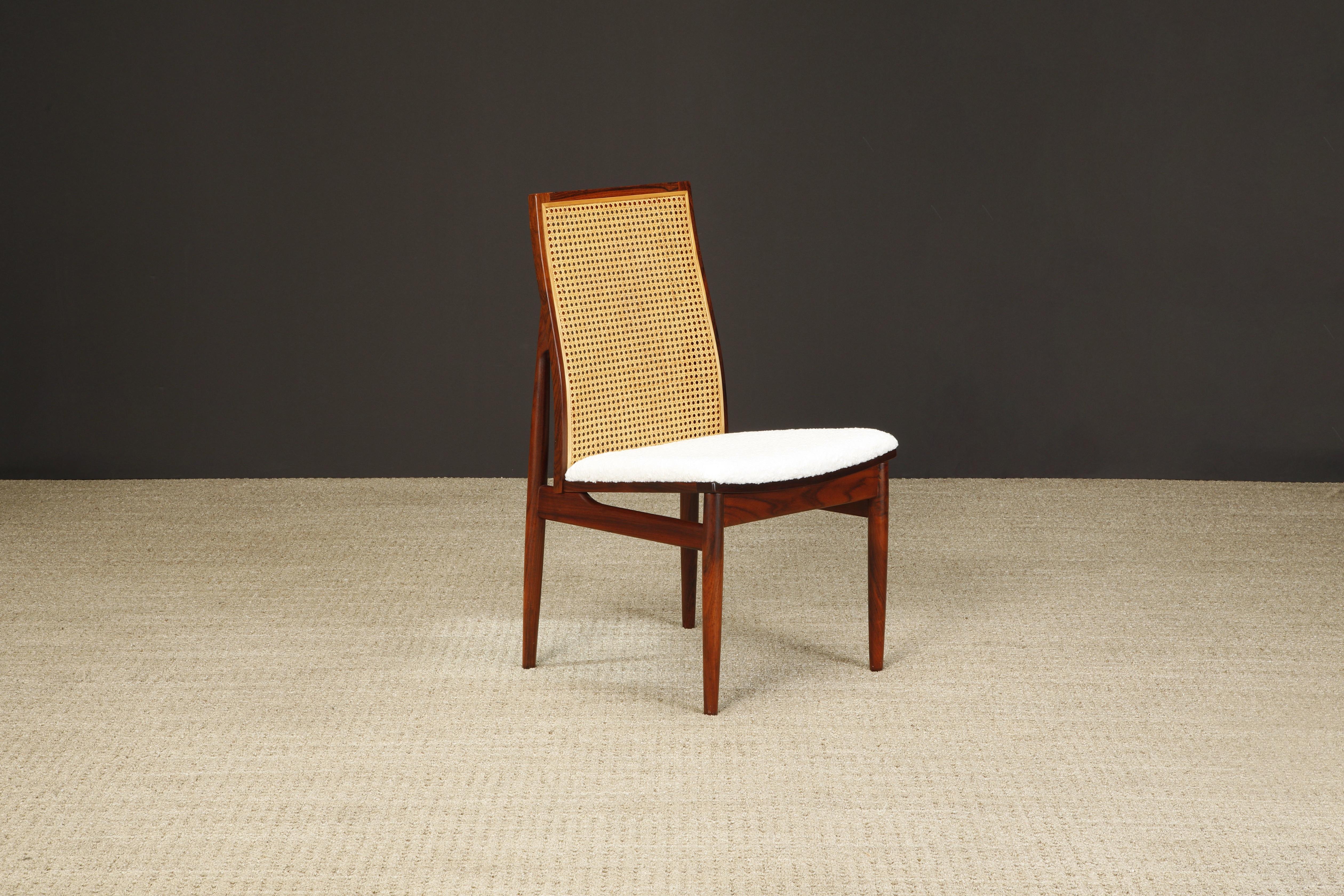 Set of 8 Rosewood, Cane and Bouclé Dining Chairs by Dyrlund, c 1970, Signed 3