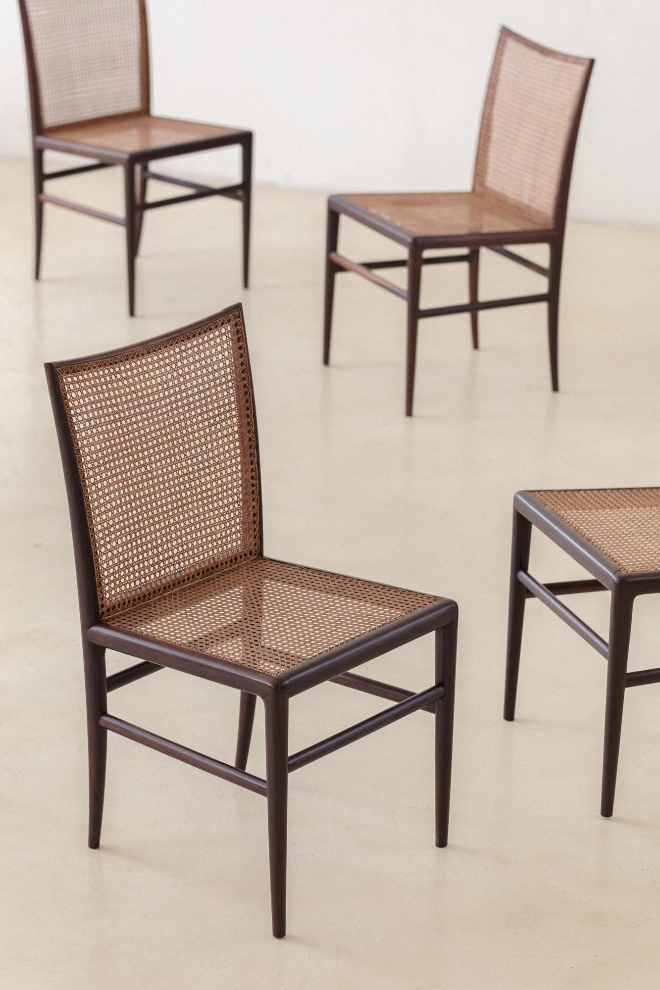 Mid-Century Modern Set of 8 Rosewood Cane Chairs, Branco & Preto, 1952, Brazilian Midcentury For Sale