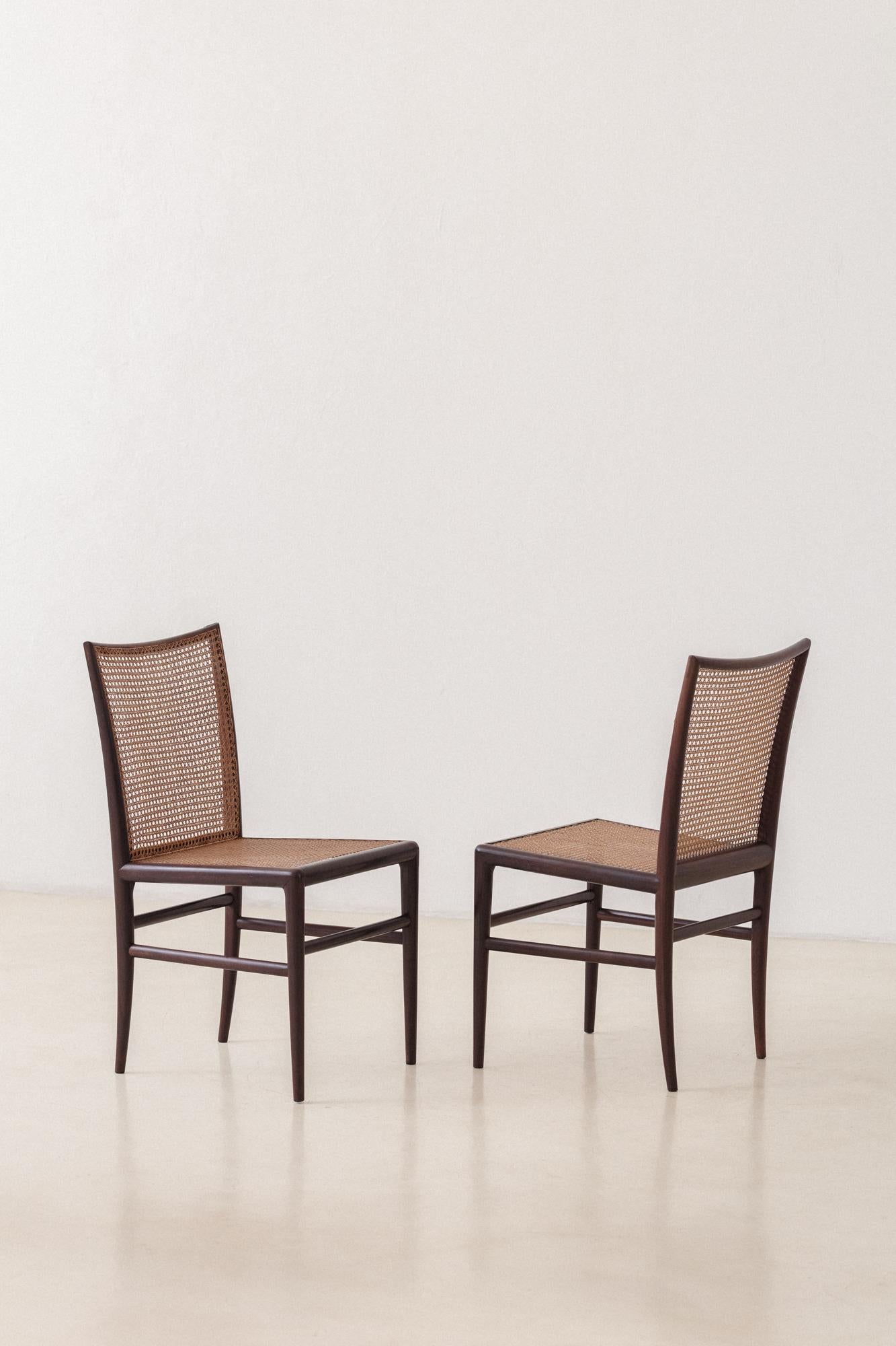 Hand-Woven Set of 8 Rosewood Cane Chairs, Branco & Preto, 1952, Brazilian Midcentury For Sale