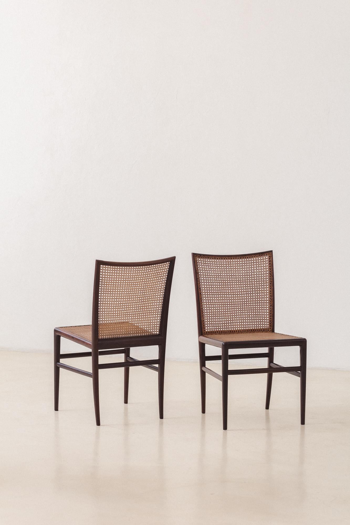 Straw Set of 8 Rosewood Cane Chairs, Branco & Preto, 1952, Brazilian Midcentury For Sale