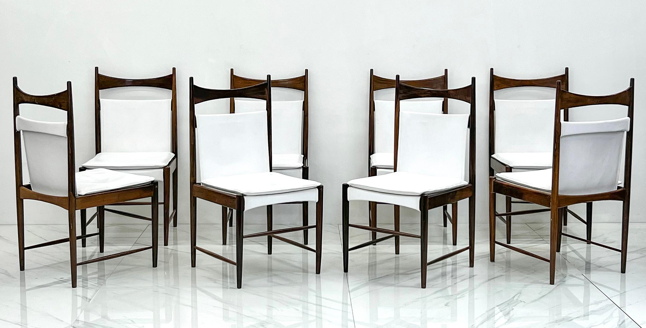 Faux Leather Set of 8 Rosewood Cantu Dining Chairs, Sergio Rodrigues, OCA Brazil, 1950's