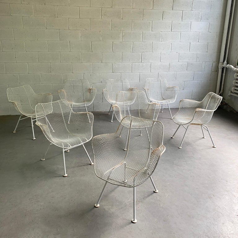 Set of 8, Mid-Century Modern, wrought iron mesh and steel, low armchairs by Russell Woodard, Sculptura.