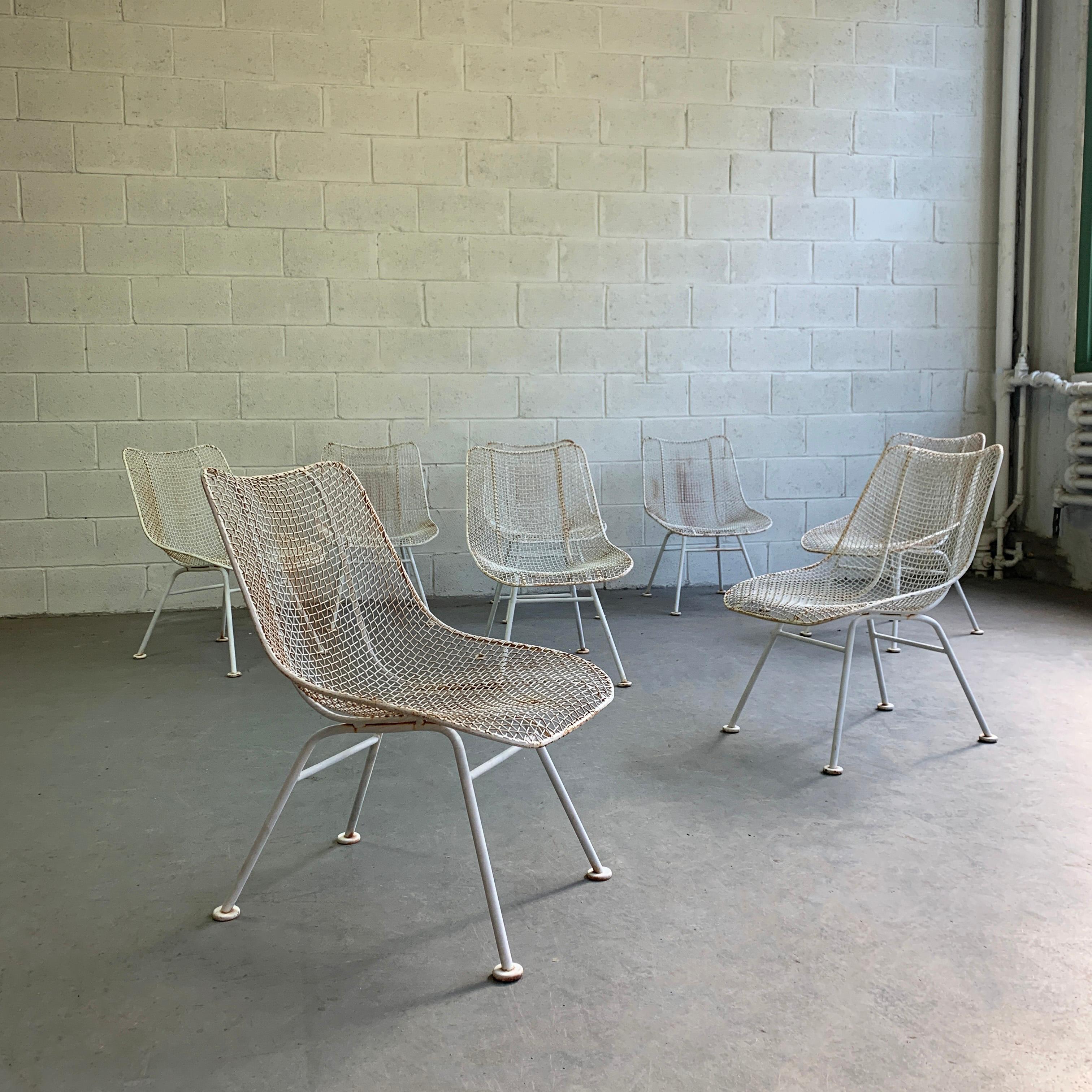 Set of 8, Mid-Century Modern, low, wrought iron mesh and steel, side chairs by Russell Woodard, Sculptura.