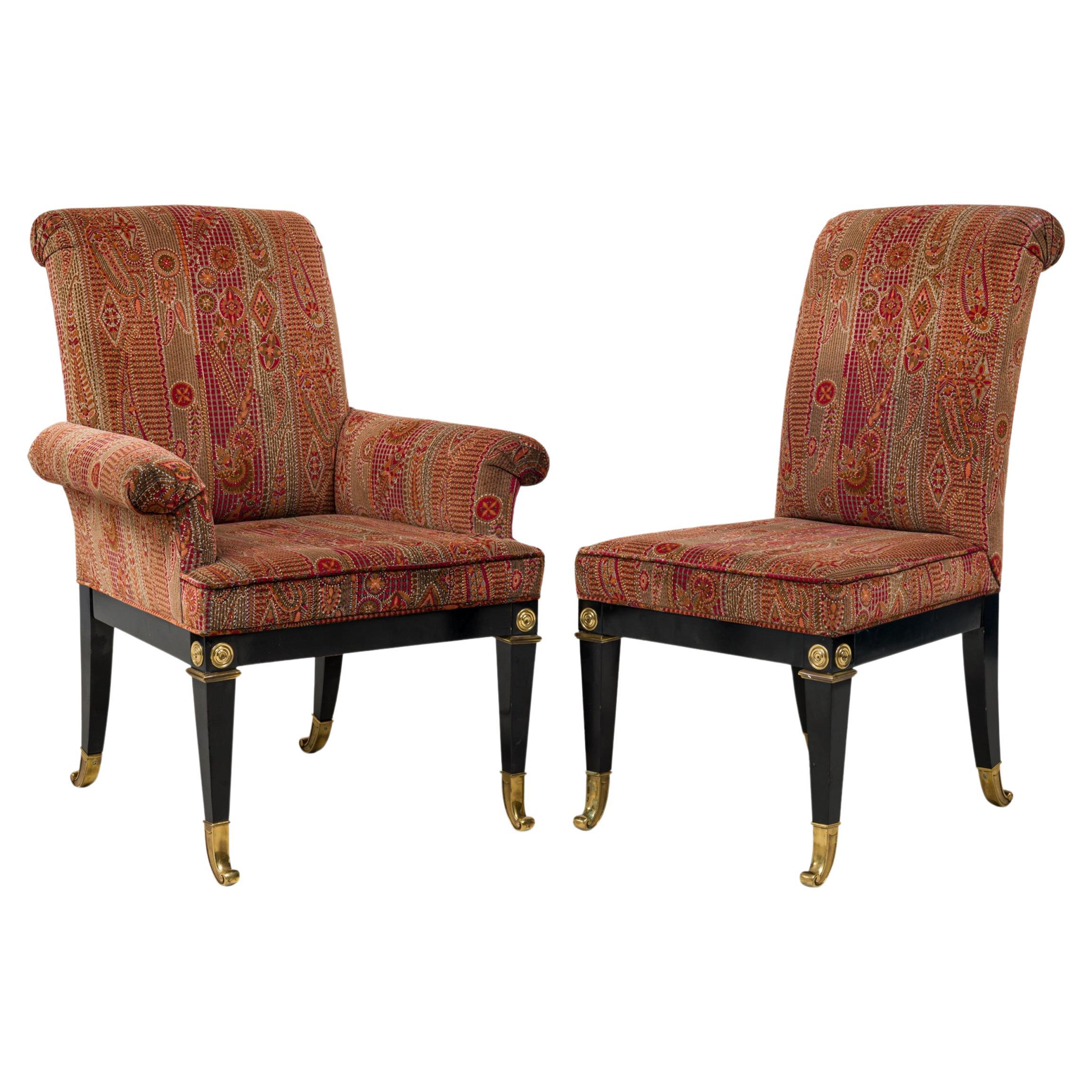 Set of 8 Russian Lacquered, Bronze Mounted, & Red Upholstered Dining Chairs For Sale
