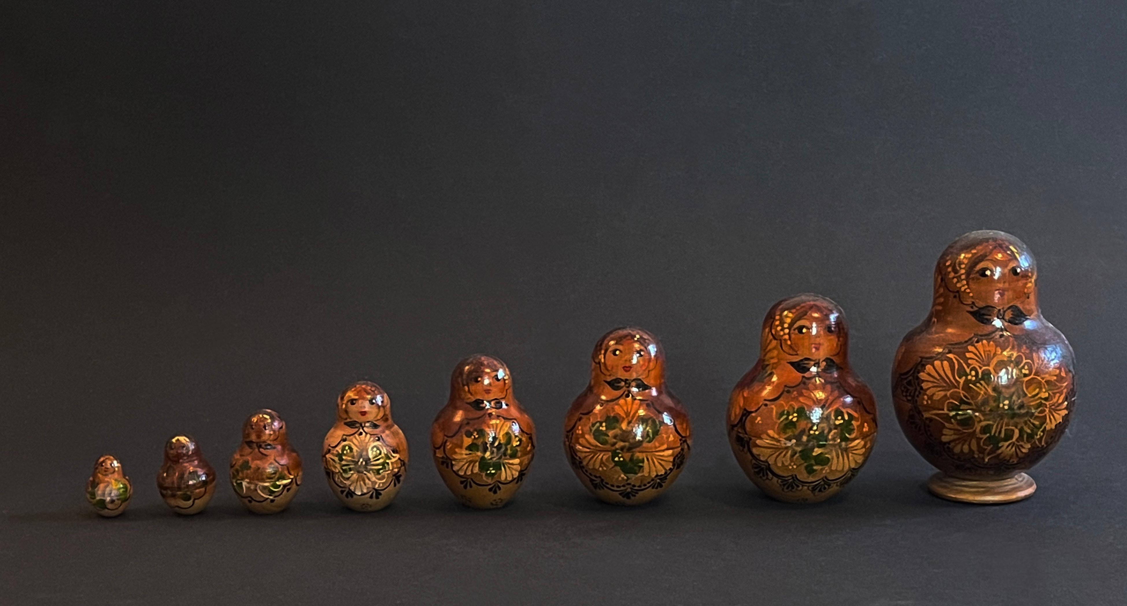 Antique set of 8 Nesting Dolls, known as Matryoshka, placed in the 1920s to 1950s.
The original set contained of 10, the 2 smallest have gone travelling the world!
Completely hand crafted, turned by hand, with the largest doll even supplied with a