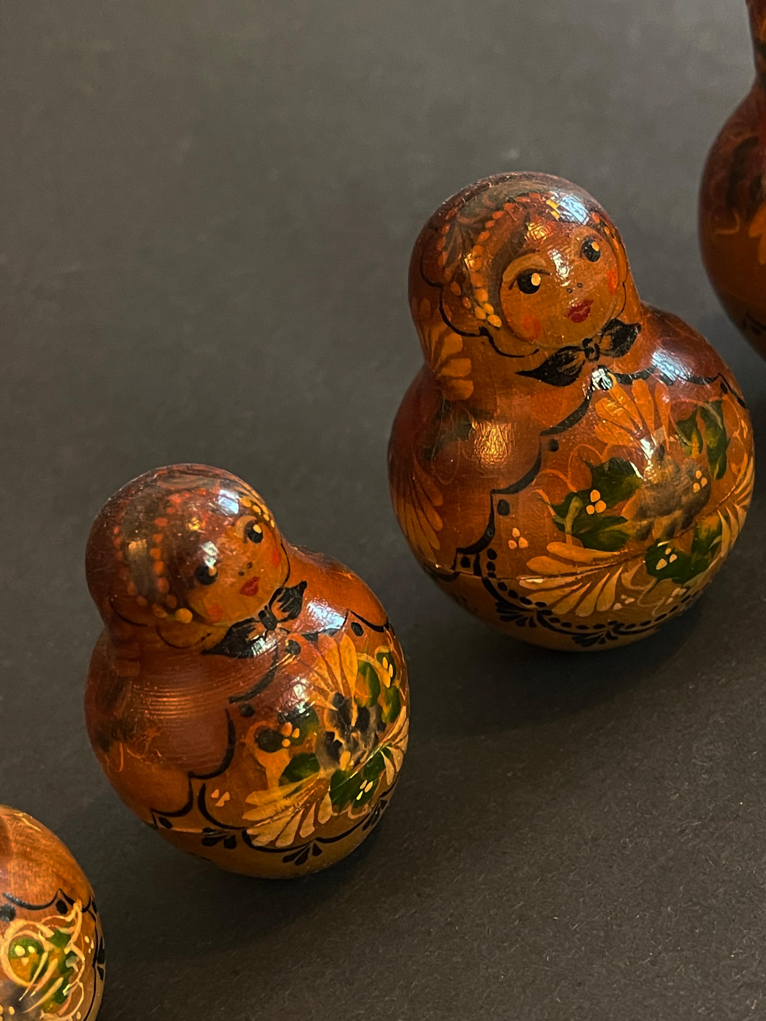 Pine Set of 8 Russian Matryoshka Dolls Hand Painted Khokhloma, Early/Mid 20th Century For Sale