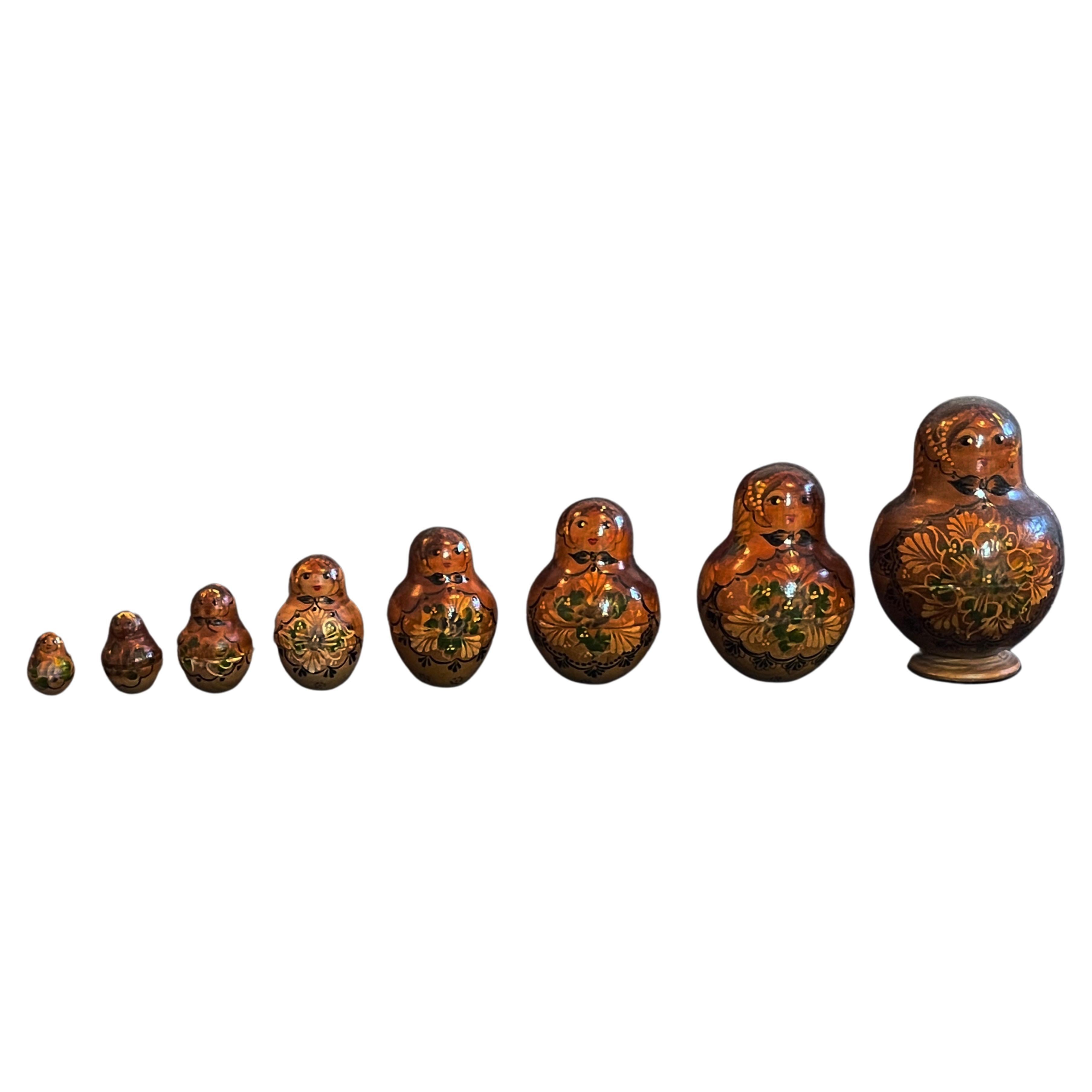 Set of 8 Russian Matryoshka Dolls Hand Painted Khokhloma, Early/Mid 20th Century For Sale