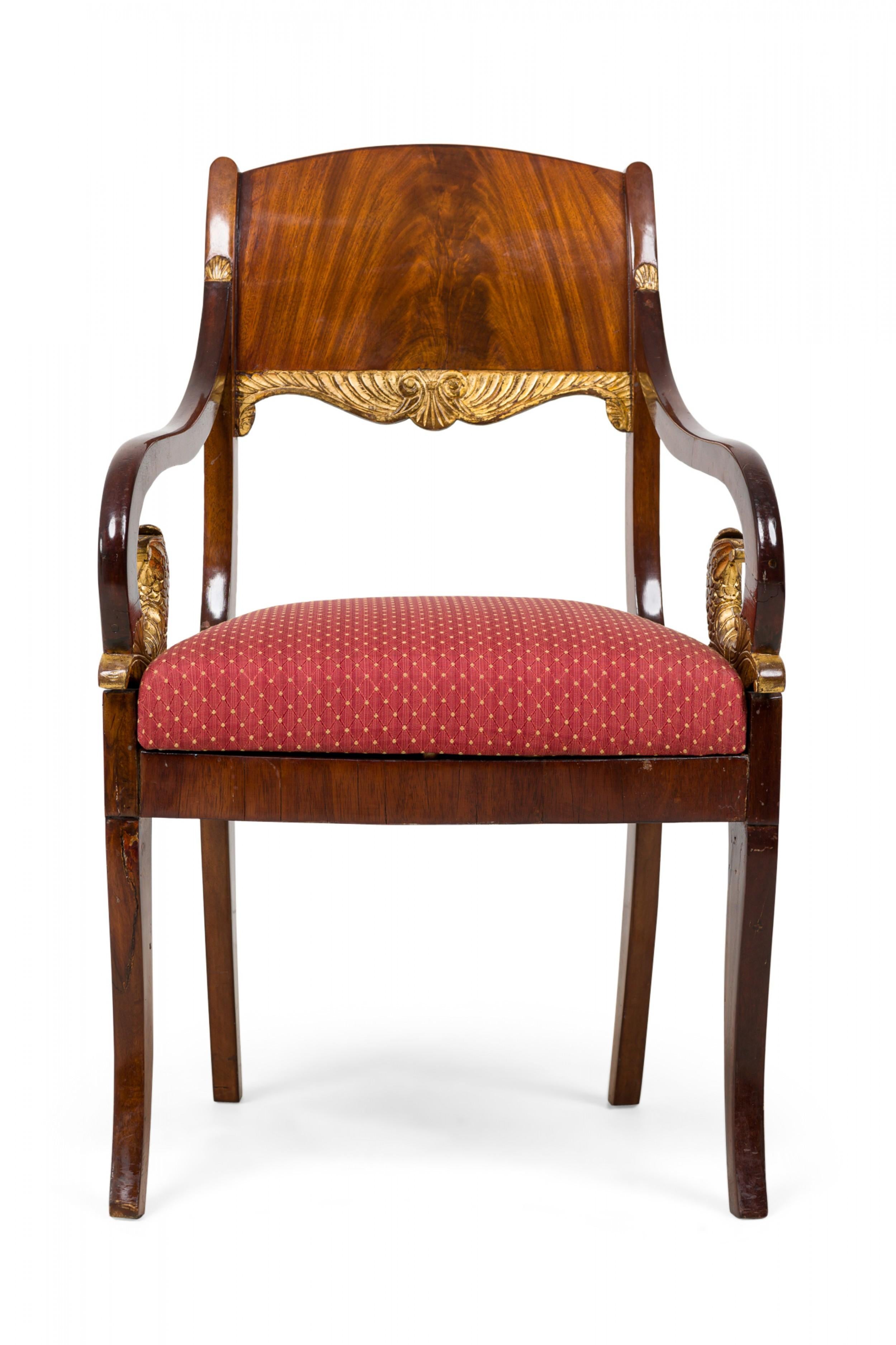 Neoclassical Revival Set of 8 Russian Neo-Classical Mahogany Parcel Gilt Red Upholstered Dining Chair For Sale