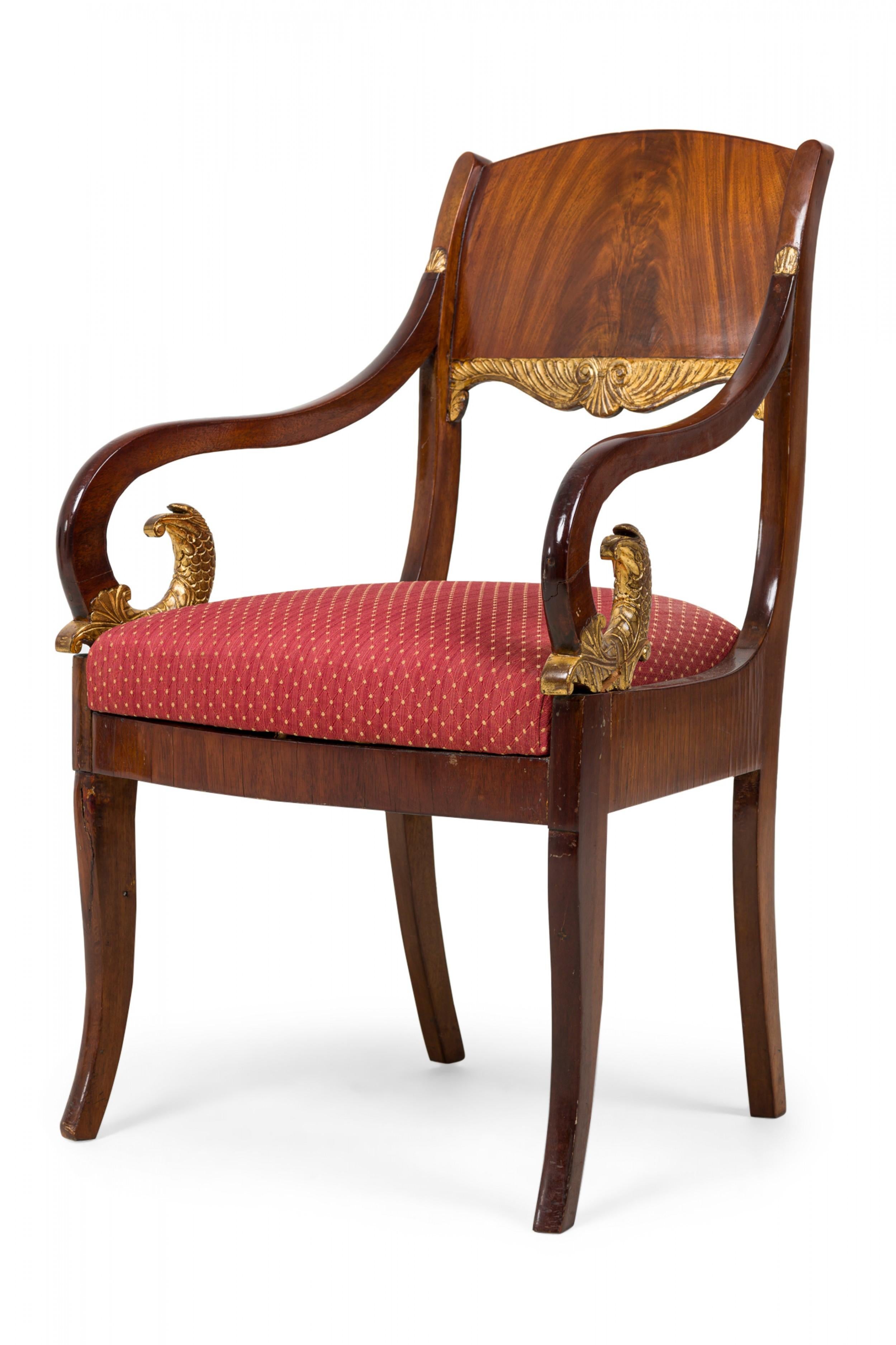 European Set of 8 Russian Neo-Classical Mahogany Parcel Gilt Red Upholstered Dining Chair For Sale