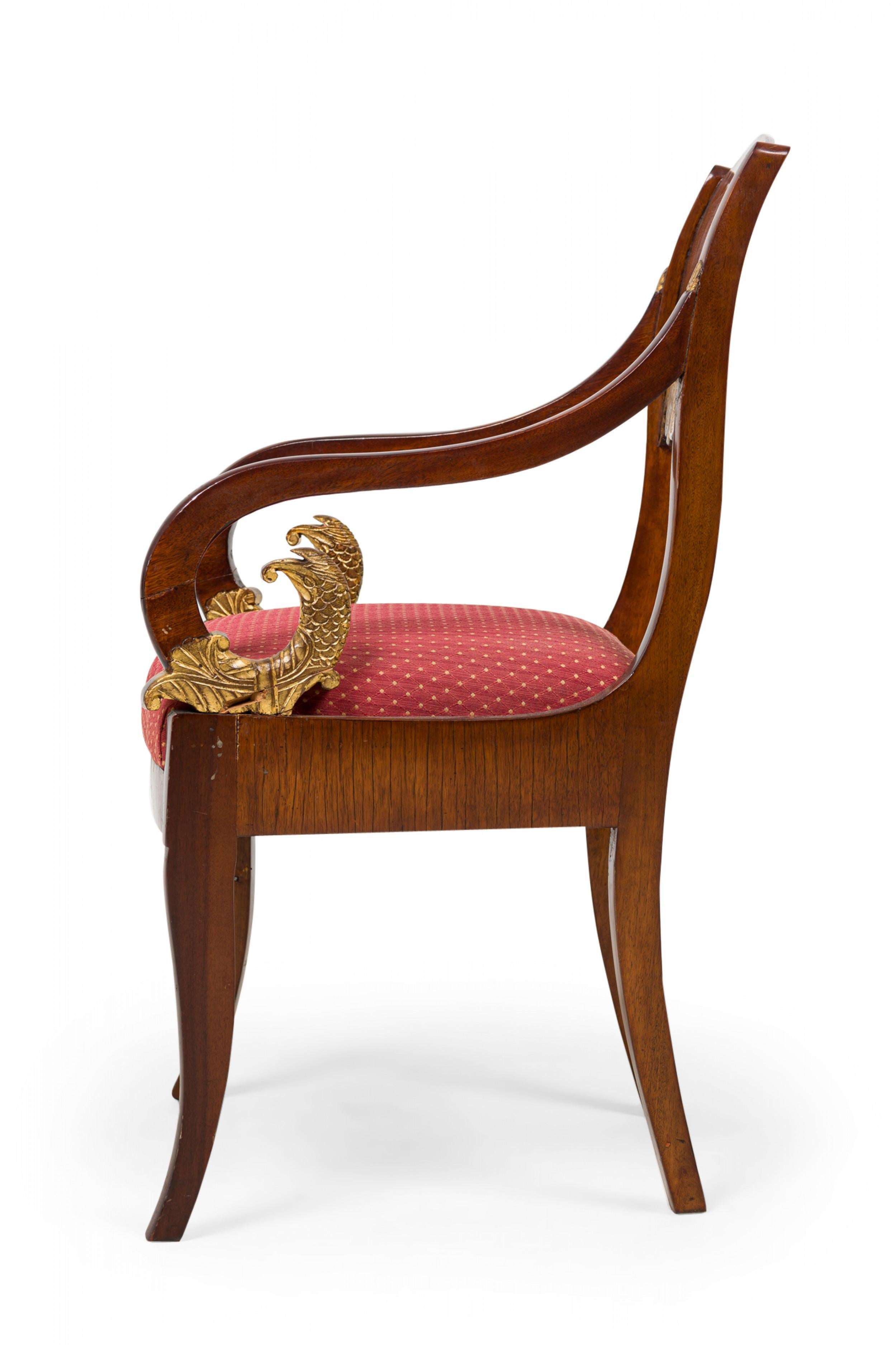 Carved Set of 8 Russian Neo-Classical Mahogany Parcel Gilt Red Upholstered Dining Chair For Sale