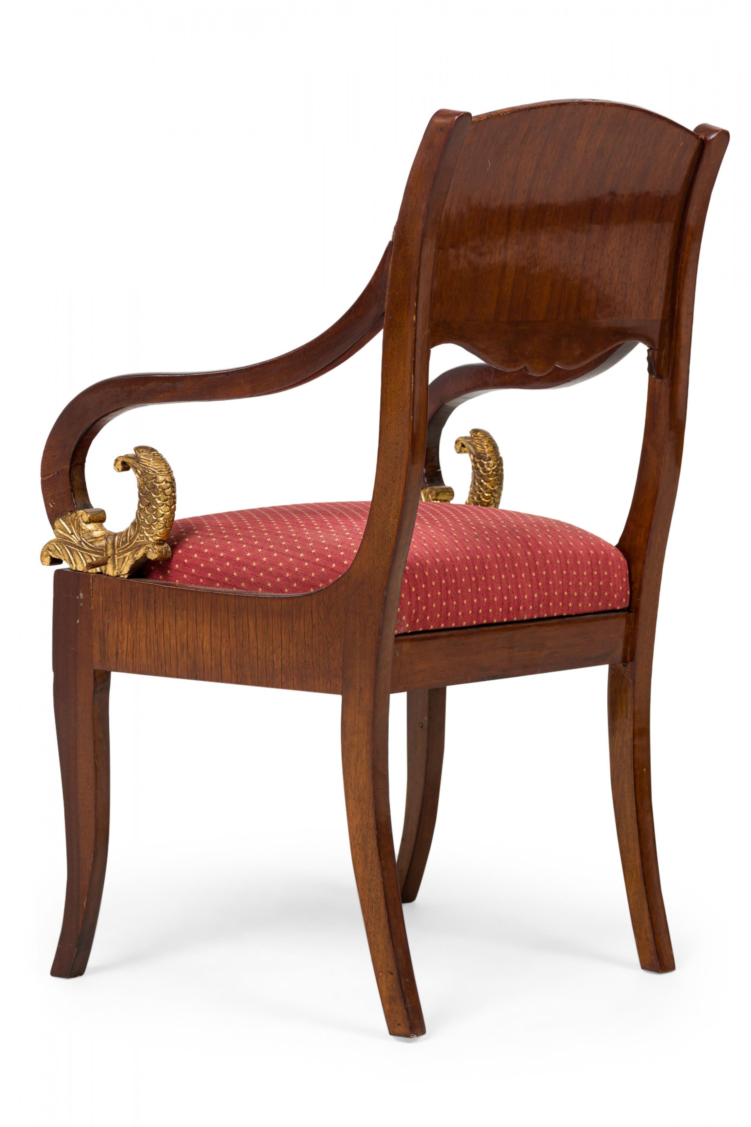 Set of 8 Russian Neo-Classical Mahogany Parcel Gilt Red Upholstered Dining Chair In Good Condition For Sale In New York, NY