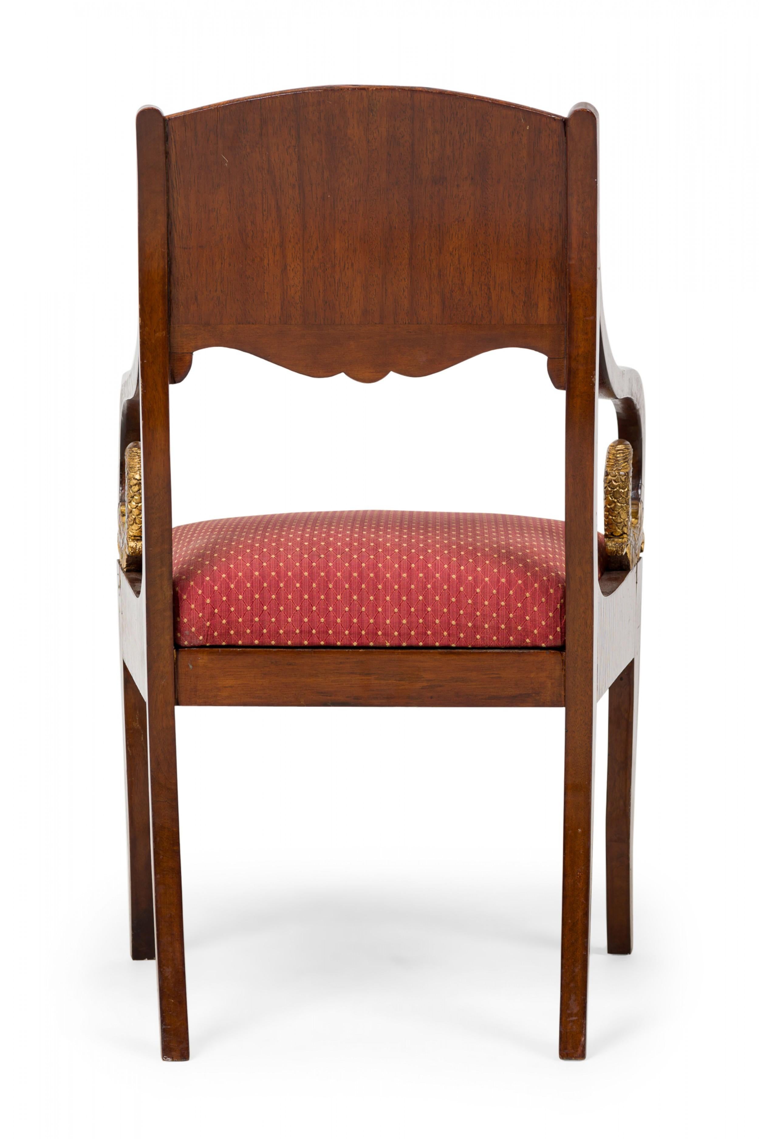 19th Century Set of 8 Russian Neo-Classical Mahogany Parcel Gilt Red Upholstered Dining Chair For Sale