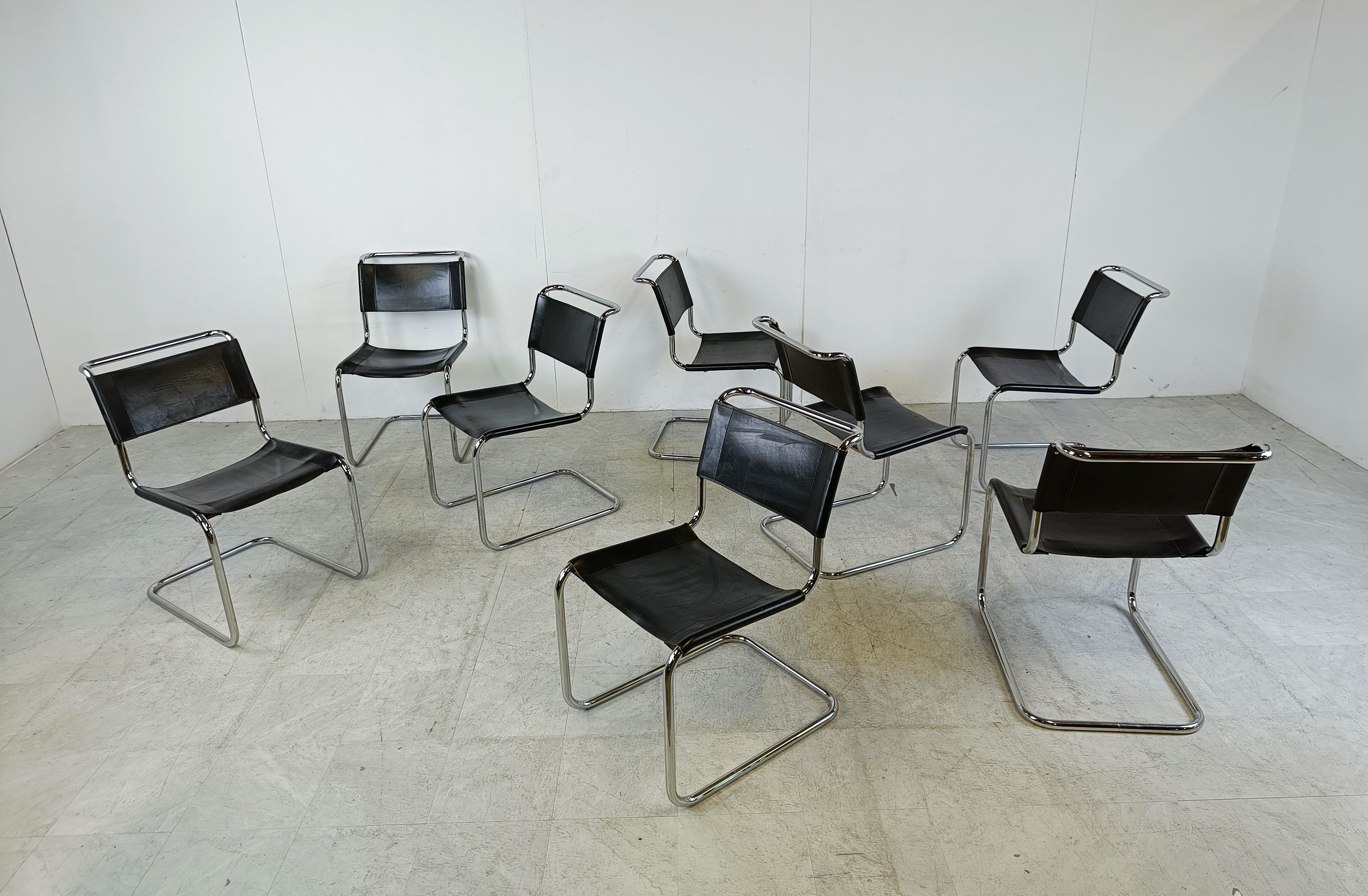 Leather Set of 8 S33 dining chairs by Mart Stom for Thonet, 1970s 