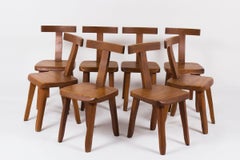 Set of 8 Scandinavian chairs in solid elm, model T by Olavi Hanninen.