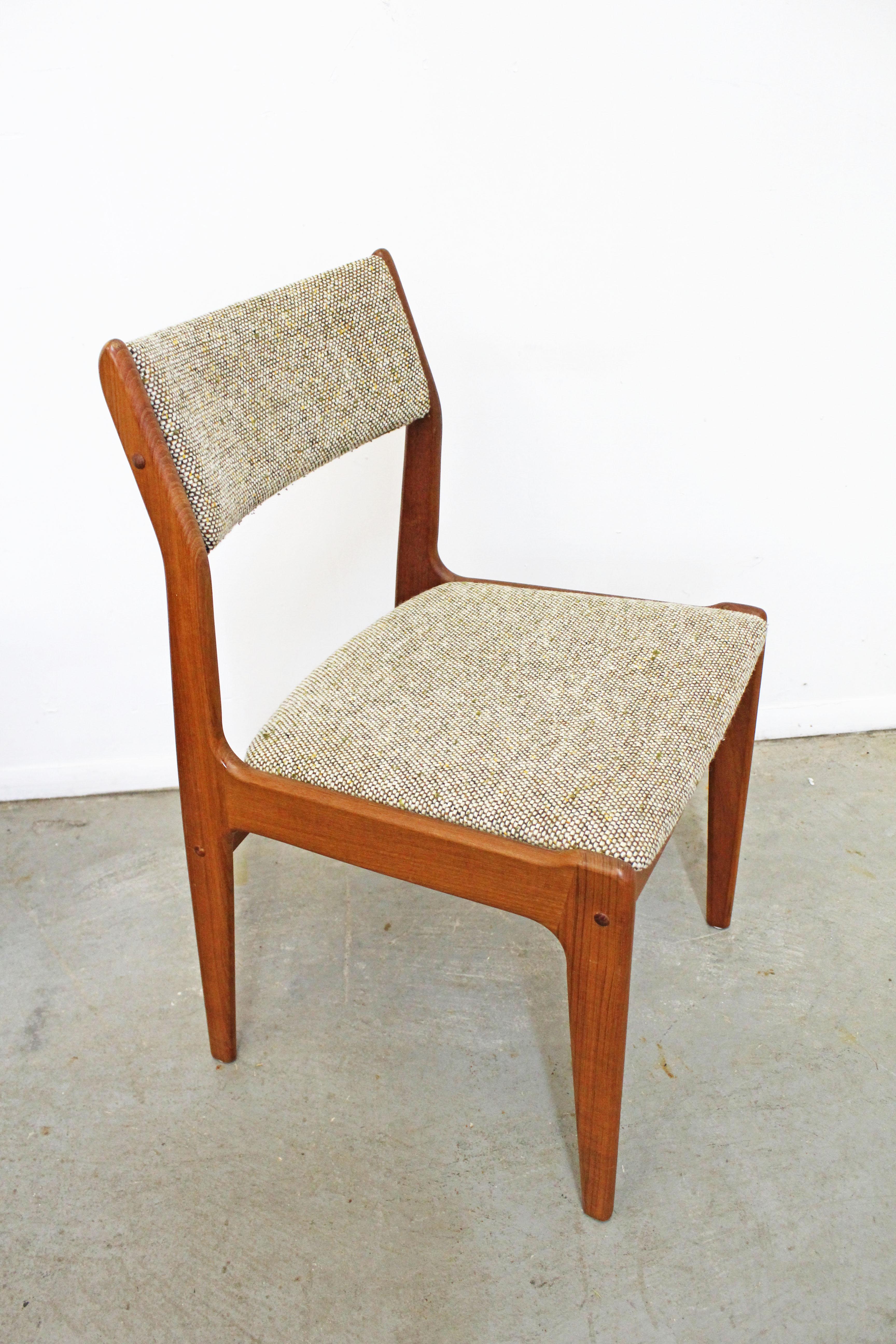 Offered is a set of 8 side/dining chairs. The set is in structurally sound condition with some age wear. They are signed by Scandinavian Woodworks. Check our other listings for more teak furniture and other Mid-Century Modern furnishings and