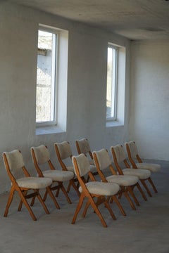 Set of 8 Scissor Chairs in Oak & Lambswool, Henning Kjærnulf, Danish Modern 1960