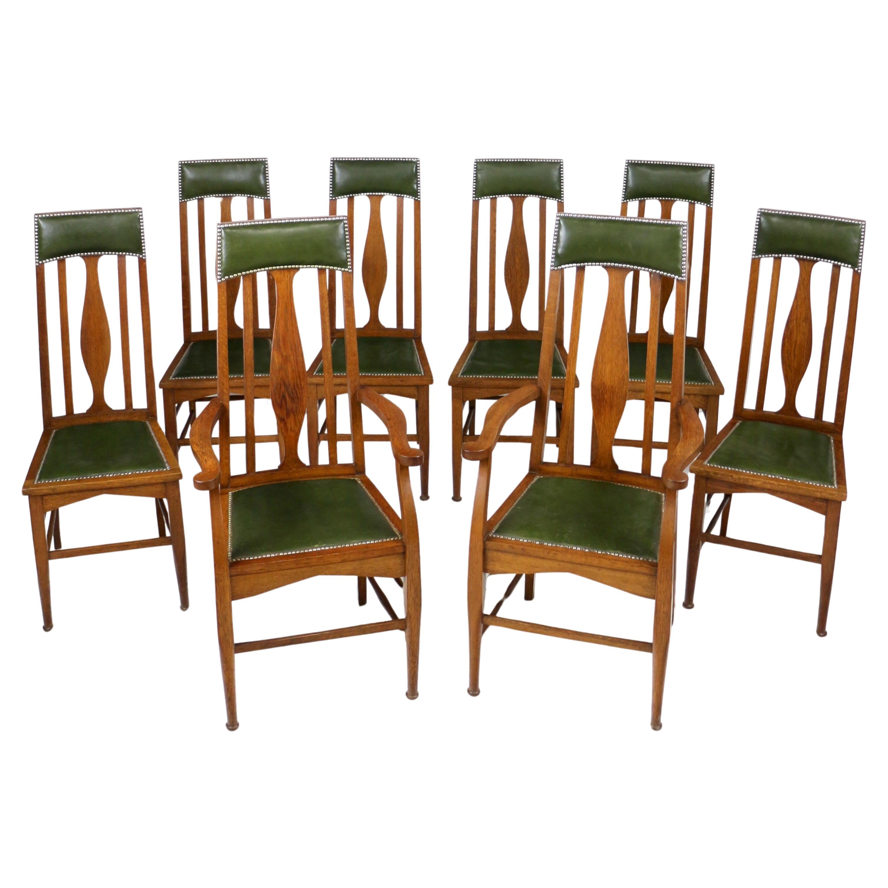 Set of 8 Scottish Arts & Crafts Golden Oak Dining Chairs Attrib. E A Taylor