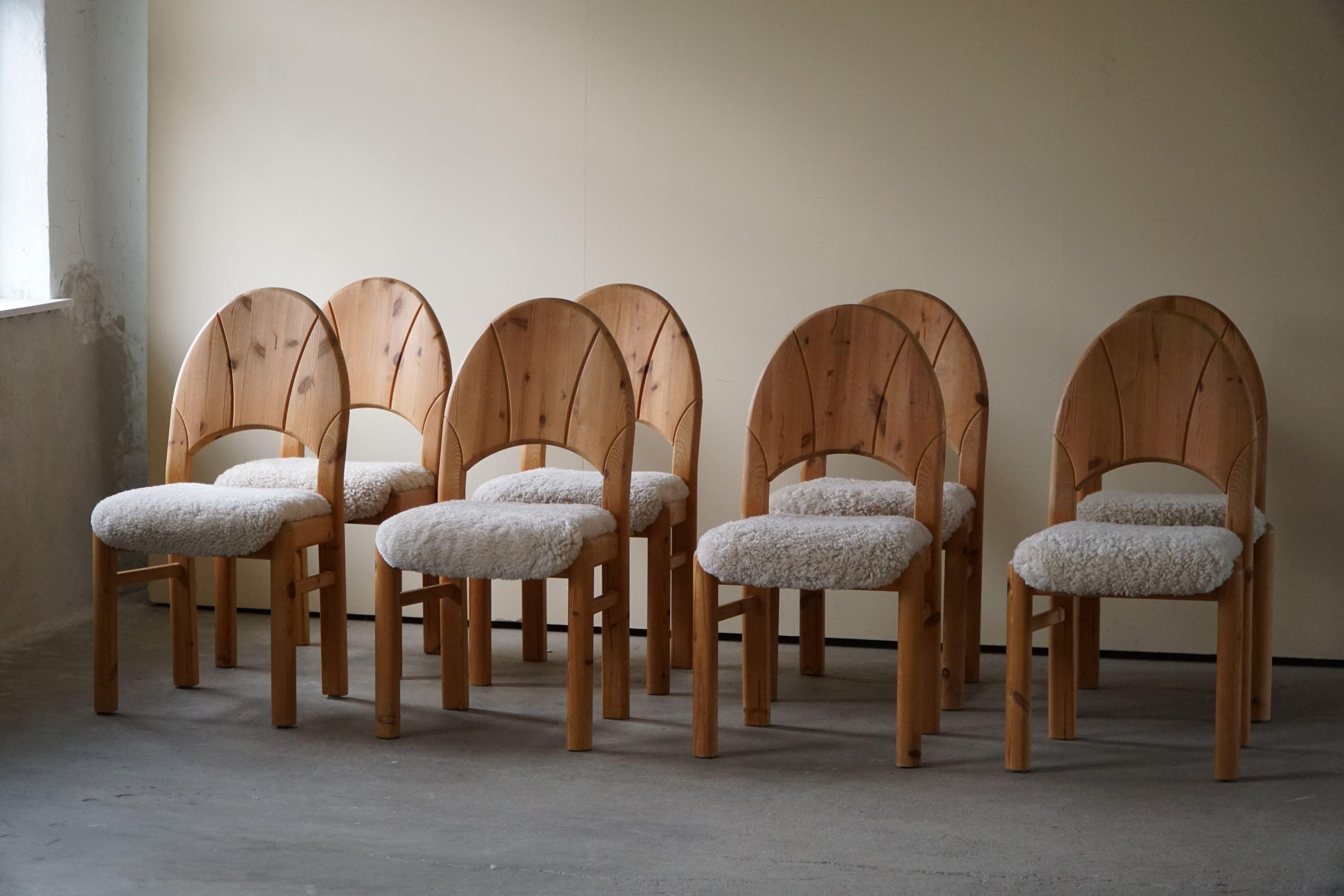 Set of 8 Sculptural Danish Modern Brutalist Chairs in Pine & Lambswool, 1970s 6