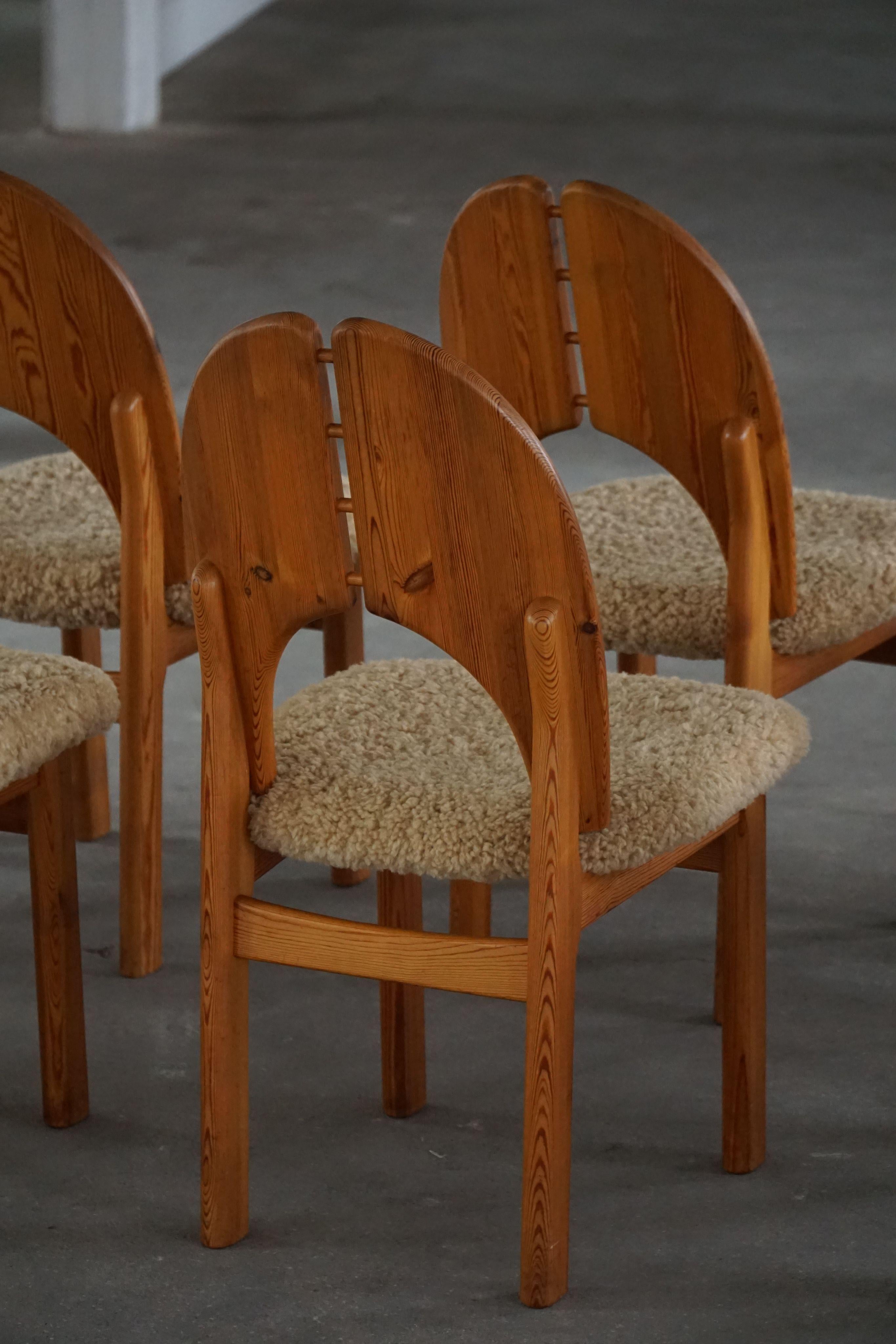 Set of 8 Sculptural Danish Modern Brutalist Chairs in Pine & Lambswool, 1970s For Sale 7