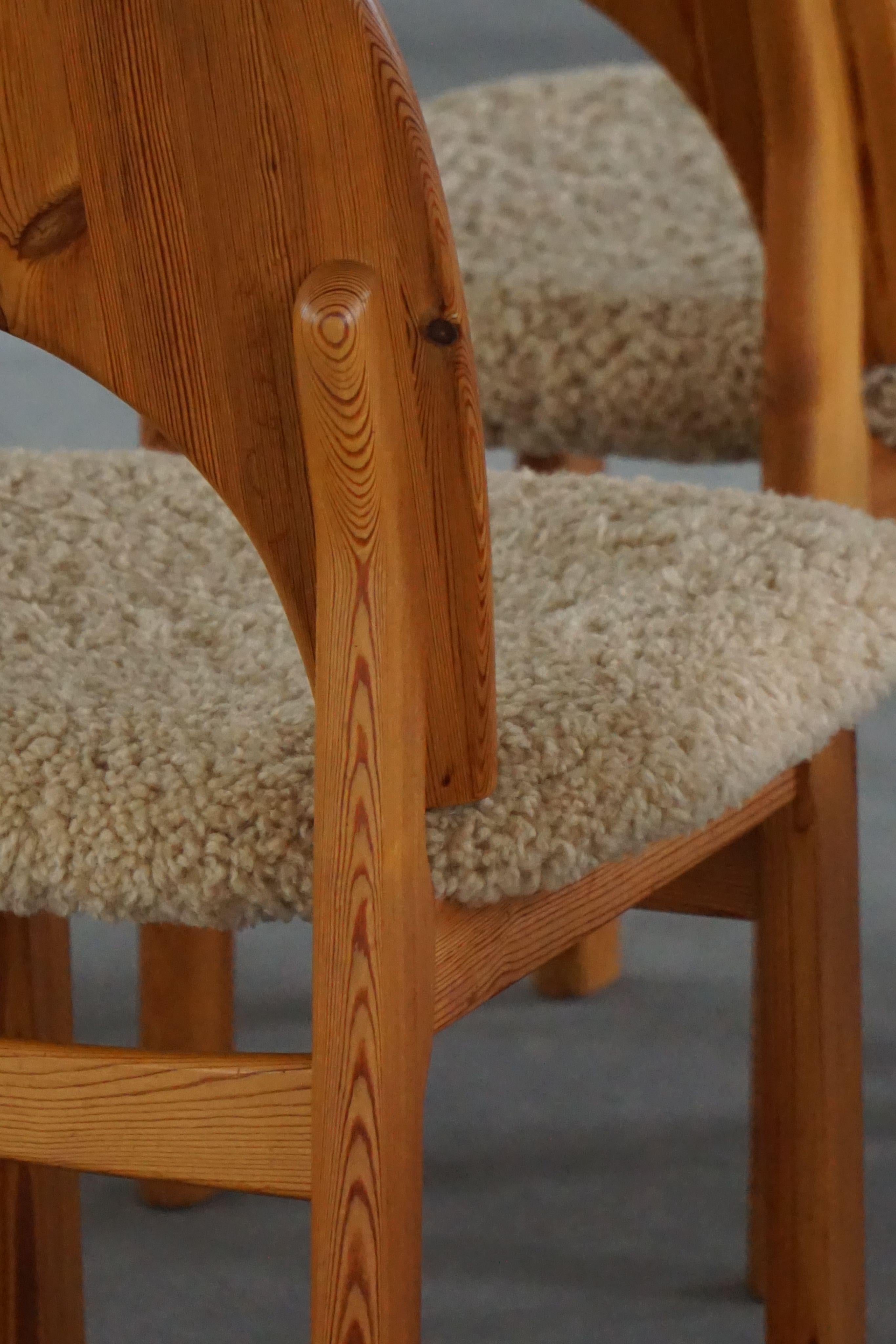 Set of 8 Sculptural Danish Modern Brutalist Chairs in Pine & Lambswool, 1970s For Sale 8