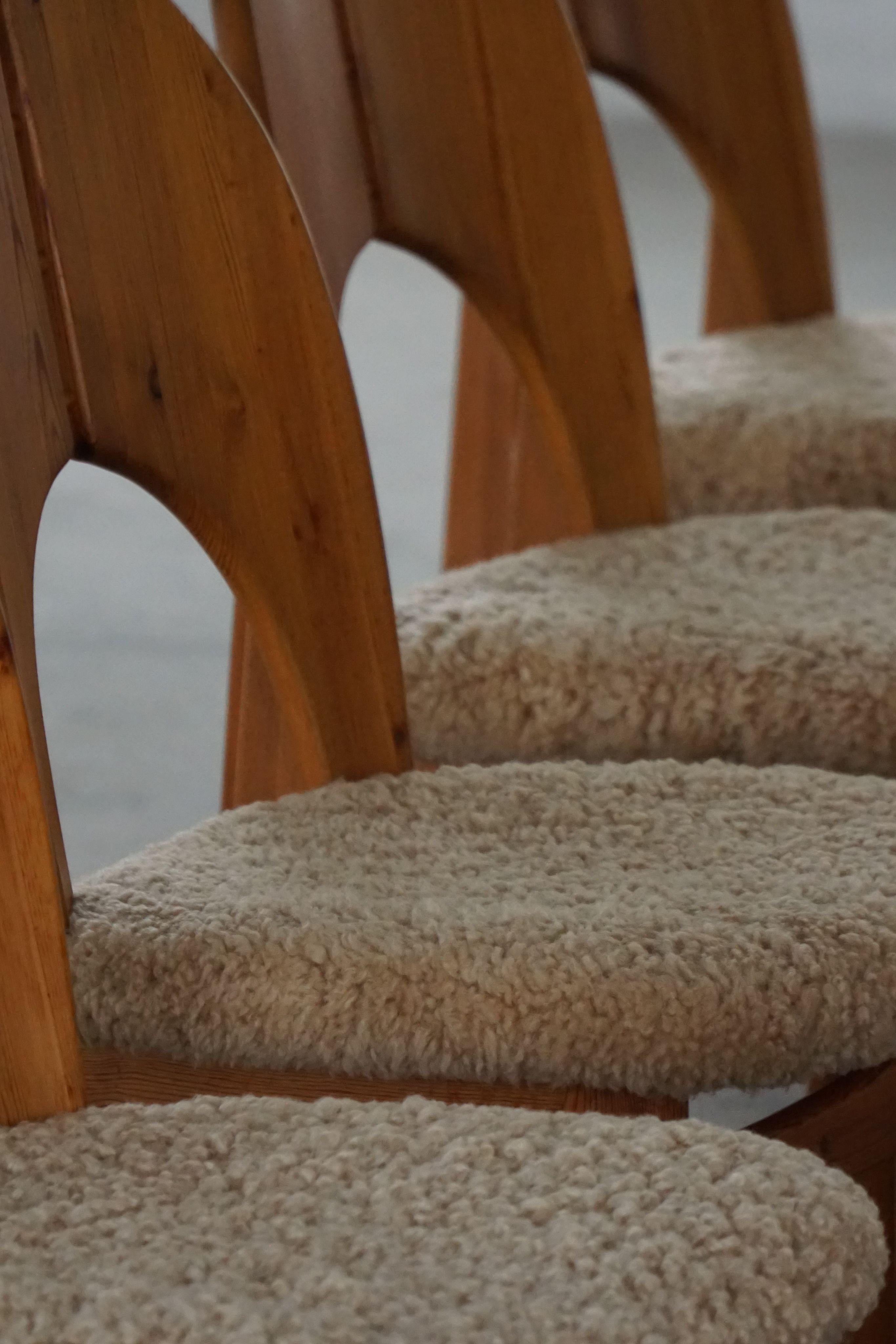 Set of 8 Sculptural Danish Modern Brutalist Chairs in Pine & Lambswool, 1970s For Sale 9