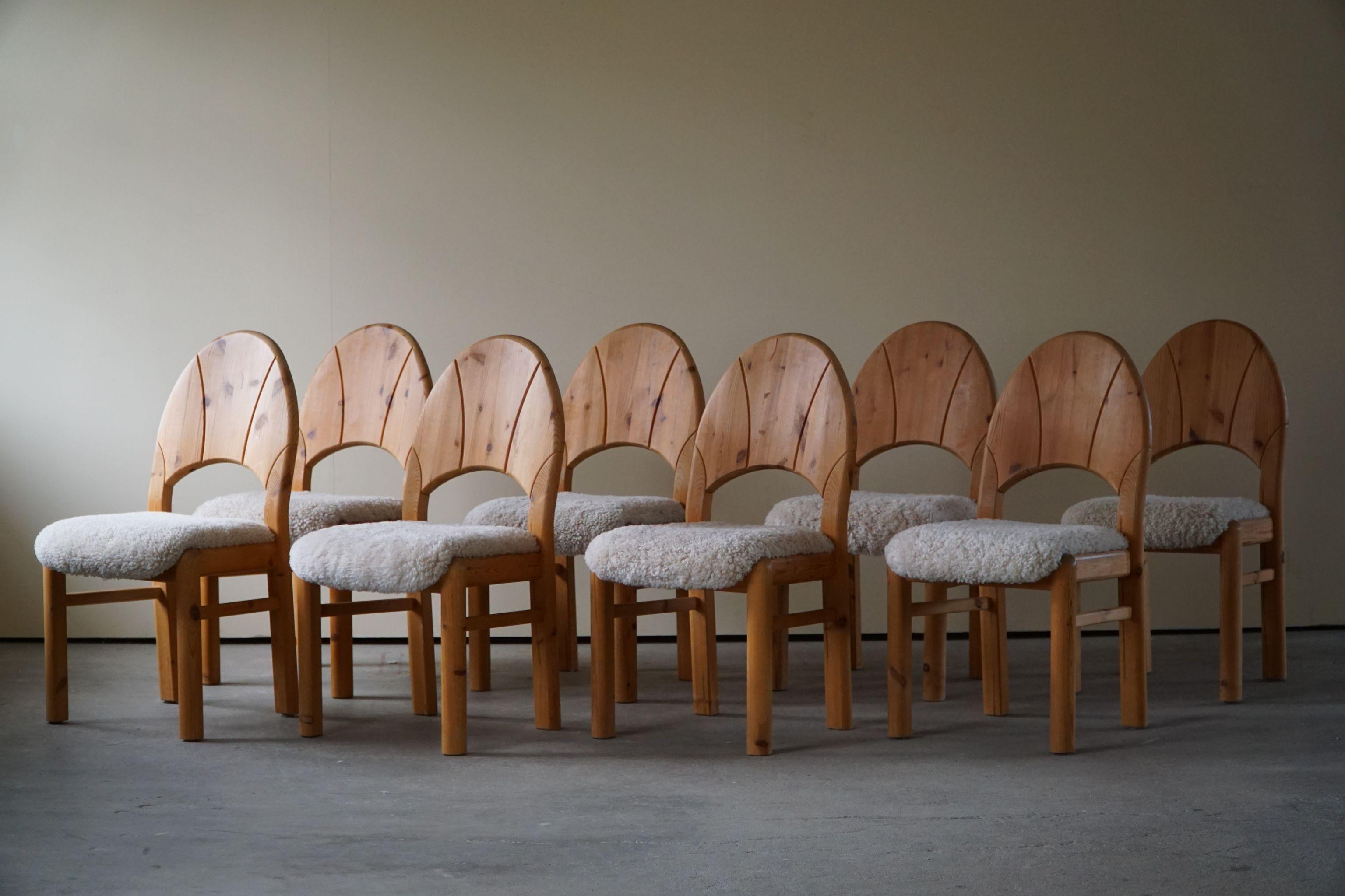Set of 8 Sculptural Danish Modern Brutalist Chairs in Pine & Lambswool, 1970s 10
