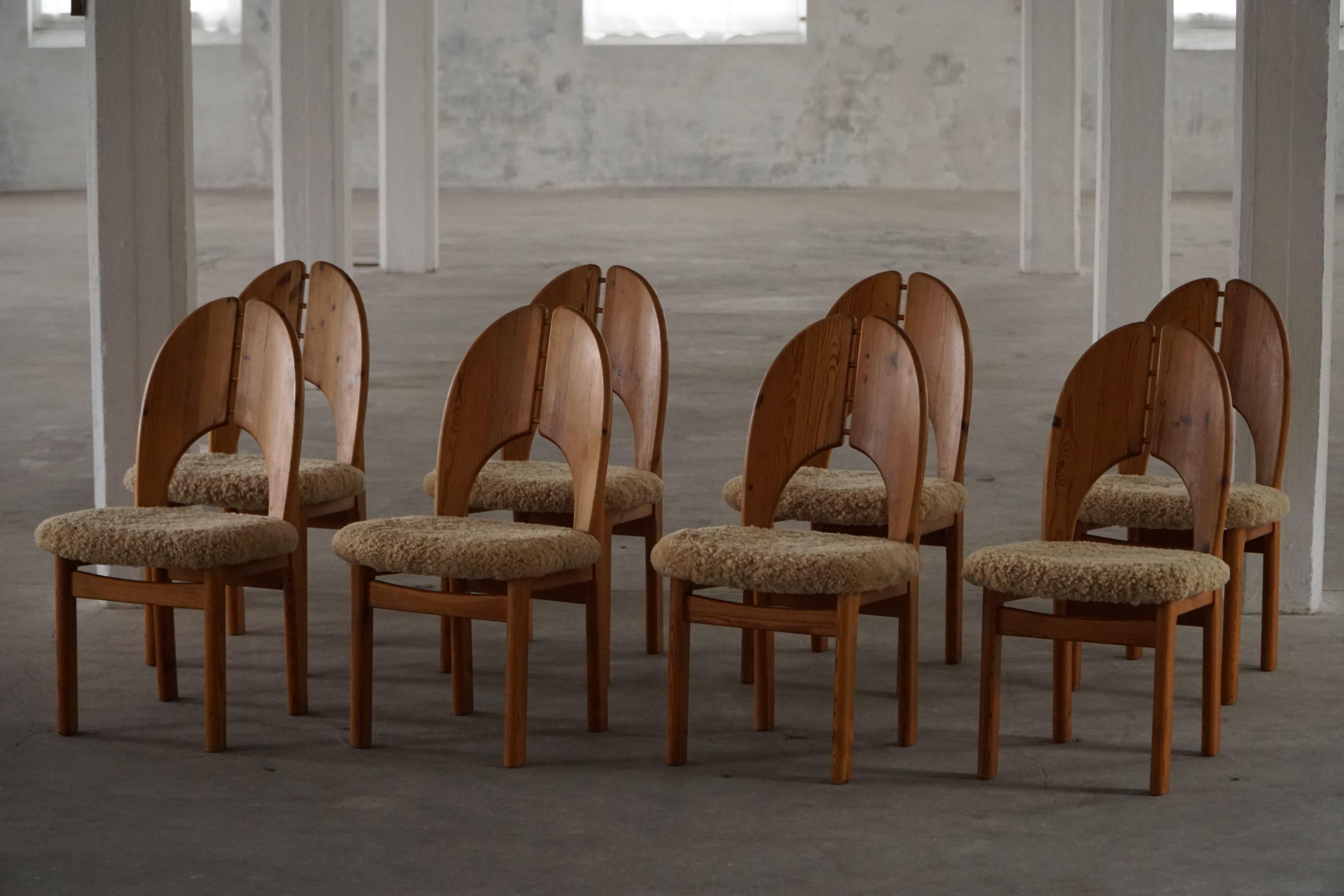 Mid-Century Modern Set of 8 Sculptural Danish Modern Brutalist Chairs in Pine & Lambswool, 1970s For Sale