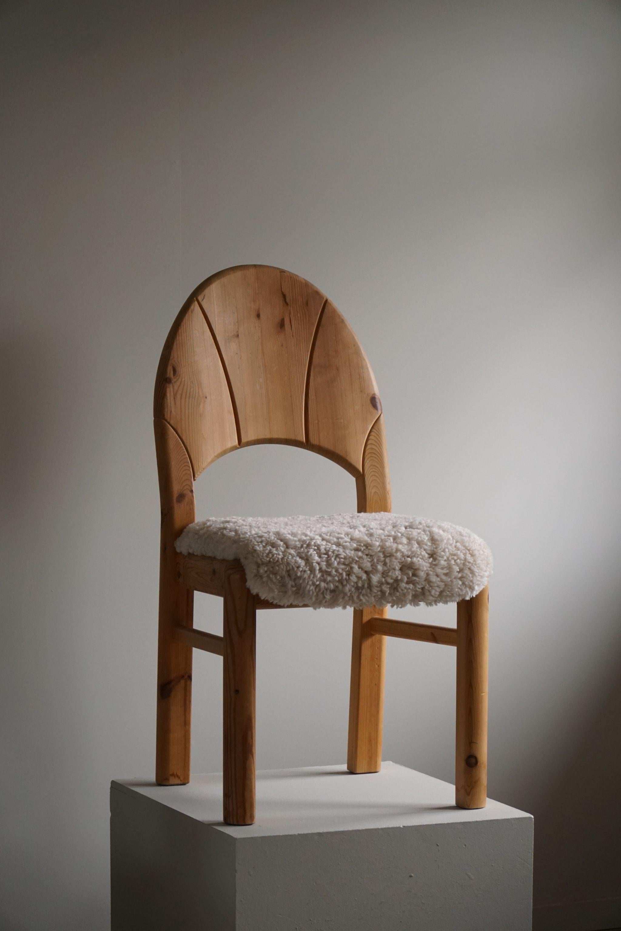 20th Century Set of 8 Sculptural Danish Modern Brutalist Chairs in Pine & Lambswool, 1970s