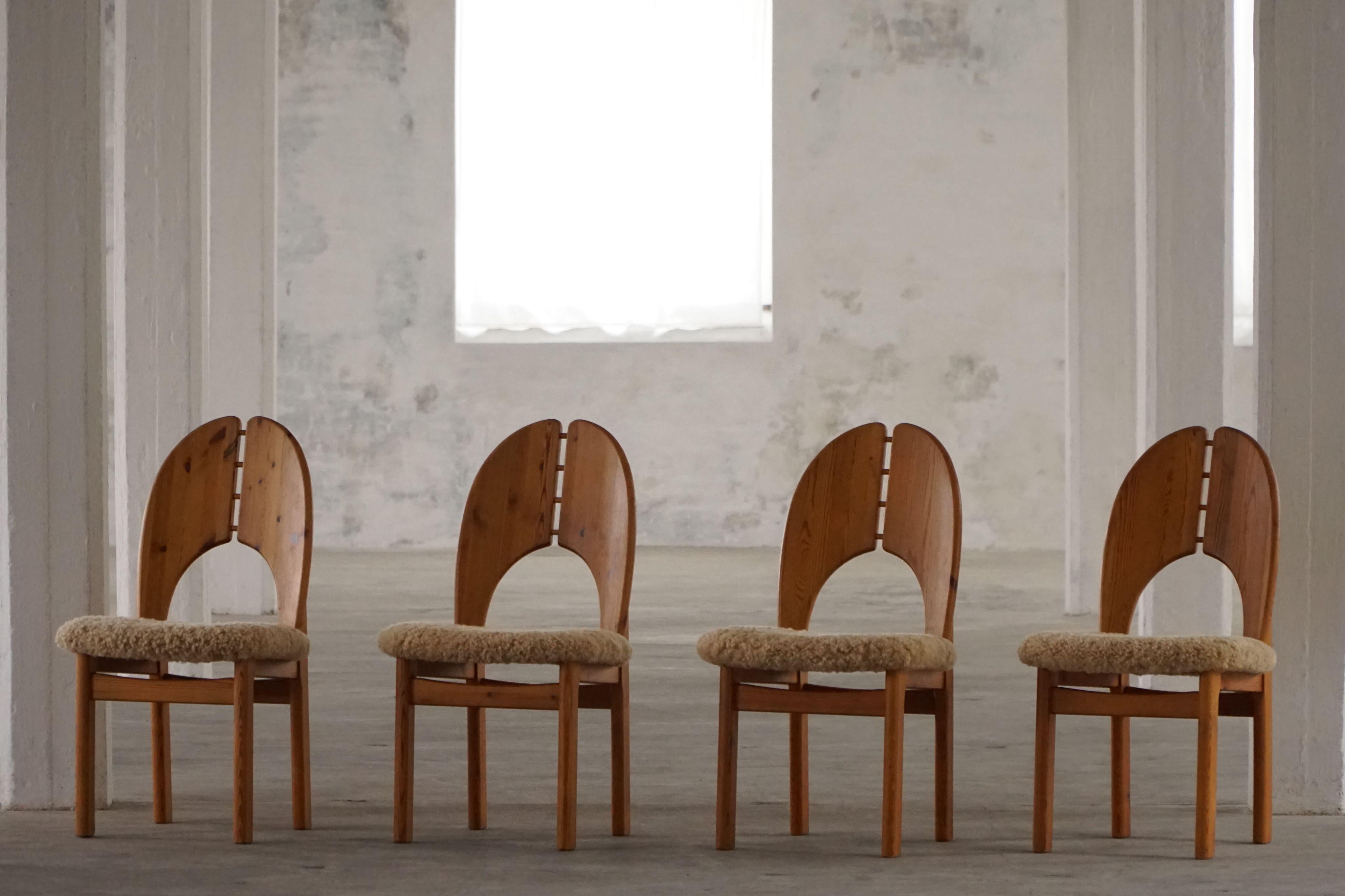 Lambskin Set of 8 Sculptural Danish Modern Brutalist Chairs in Pine & Lambswool, 1970s For Sale