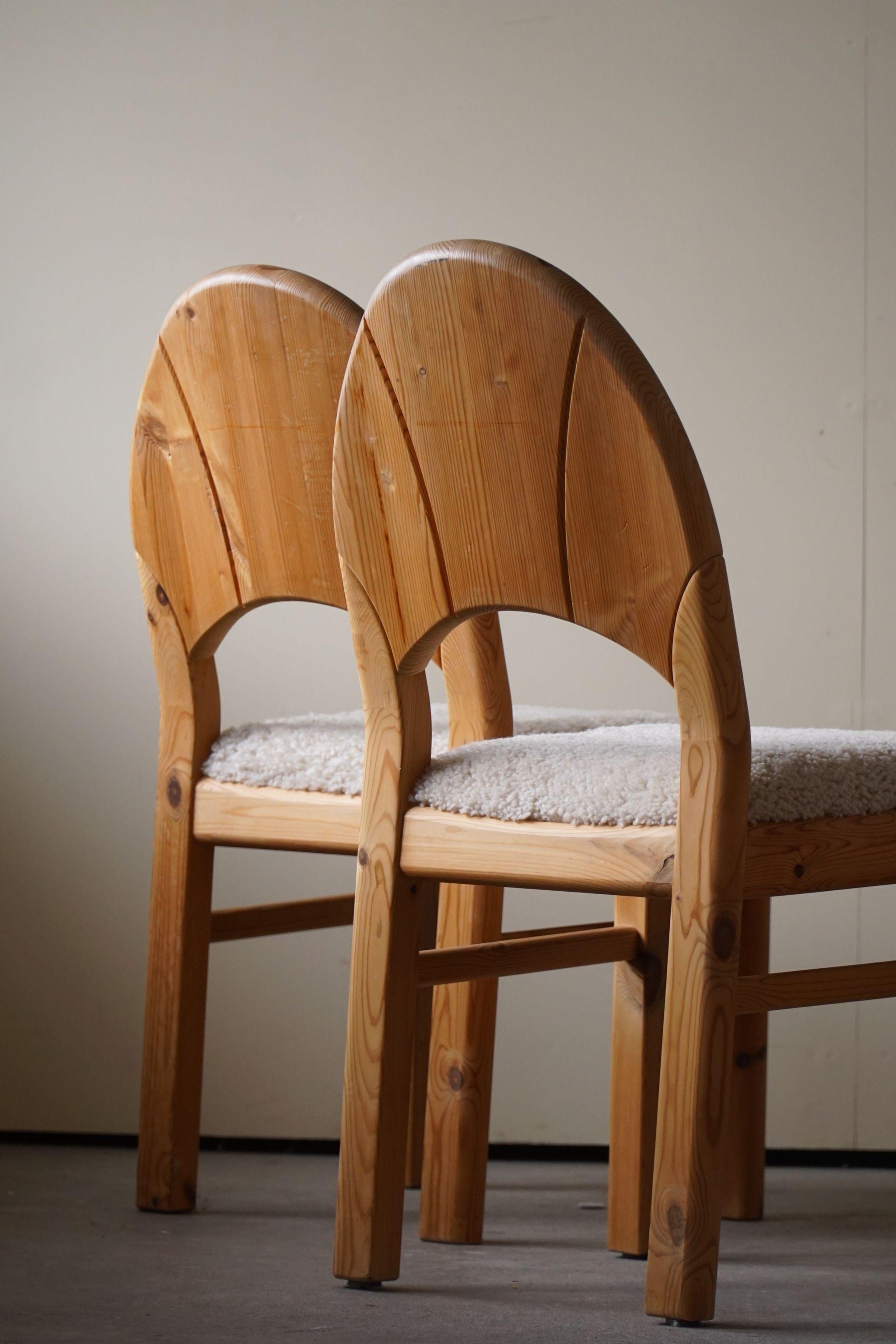 Set of 8 Sculptural Danish Modern Brutalist Chairs in Pine & Lambswool, 1970s 2