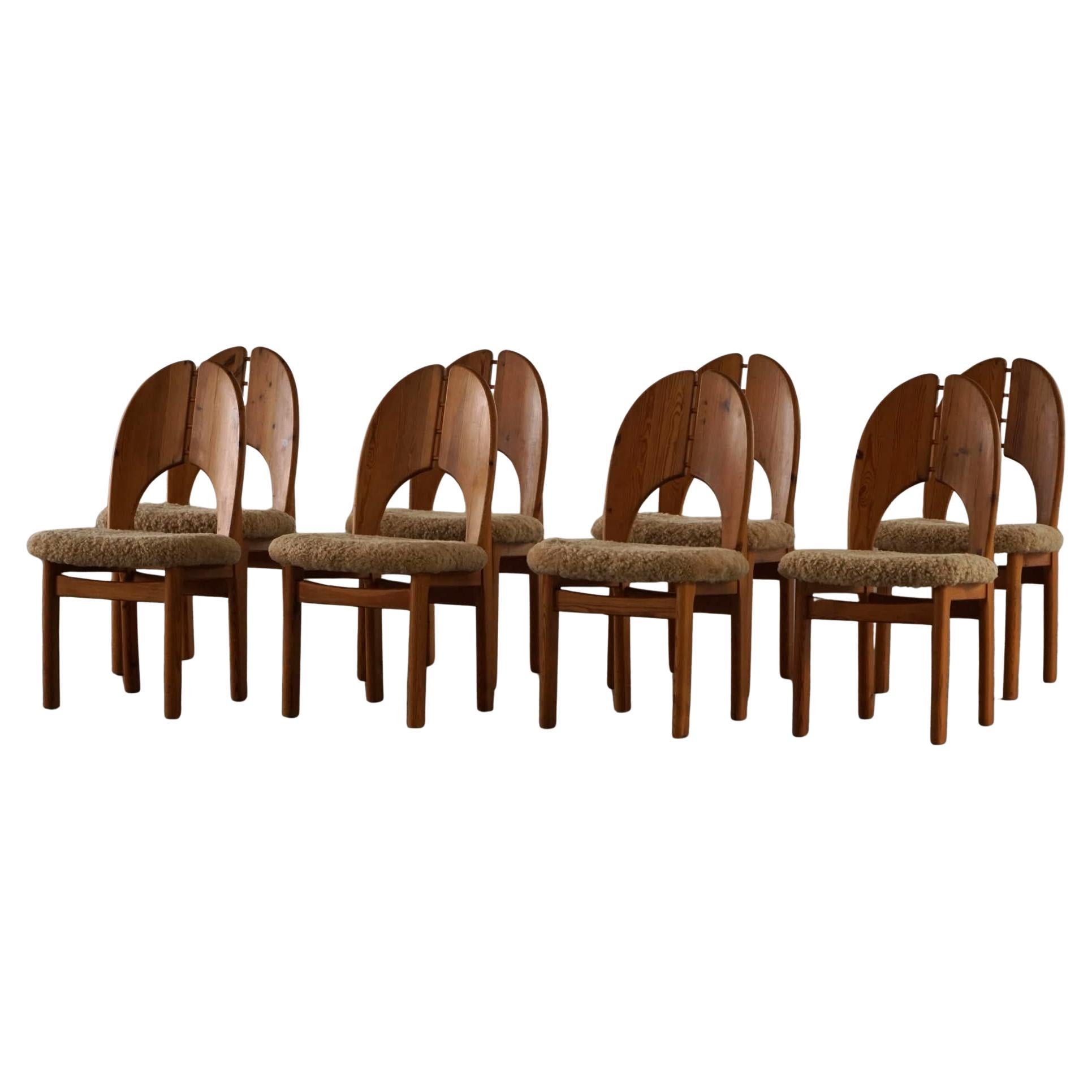 Set of 8 Sculptural Danish Modern Brutalist Chairs in Pine & Lambswool, 1970s For Sale