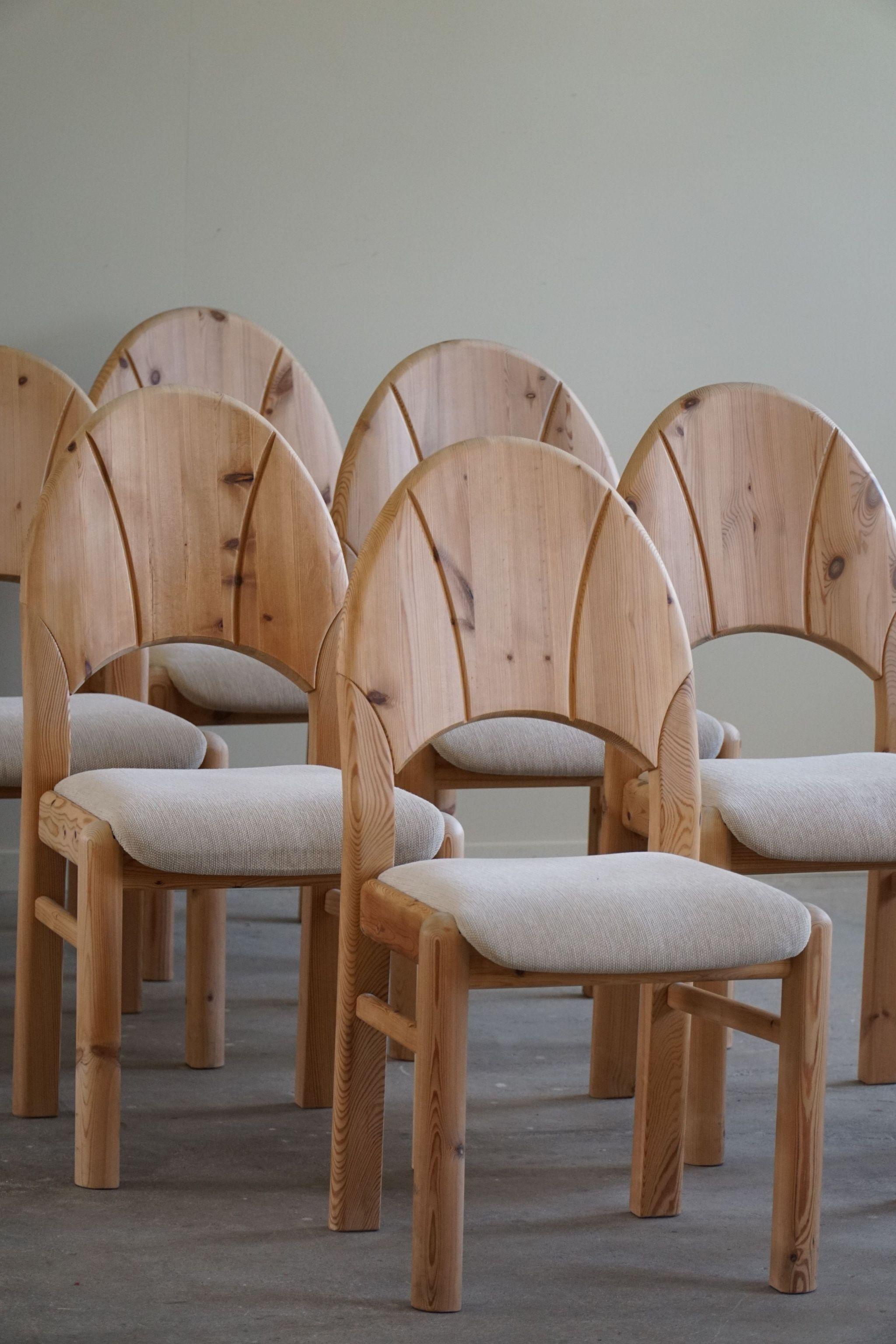 Set of 8 Sculptural Danish Modern Brutalist Chairs in Pine & Wool, 1970s For Sale 11