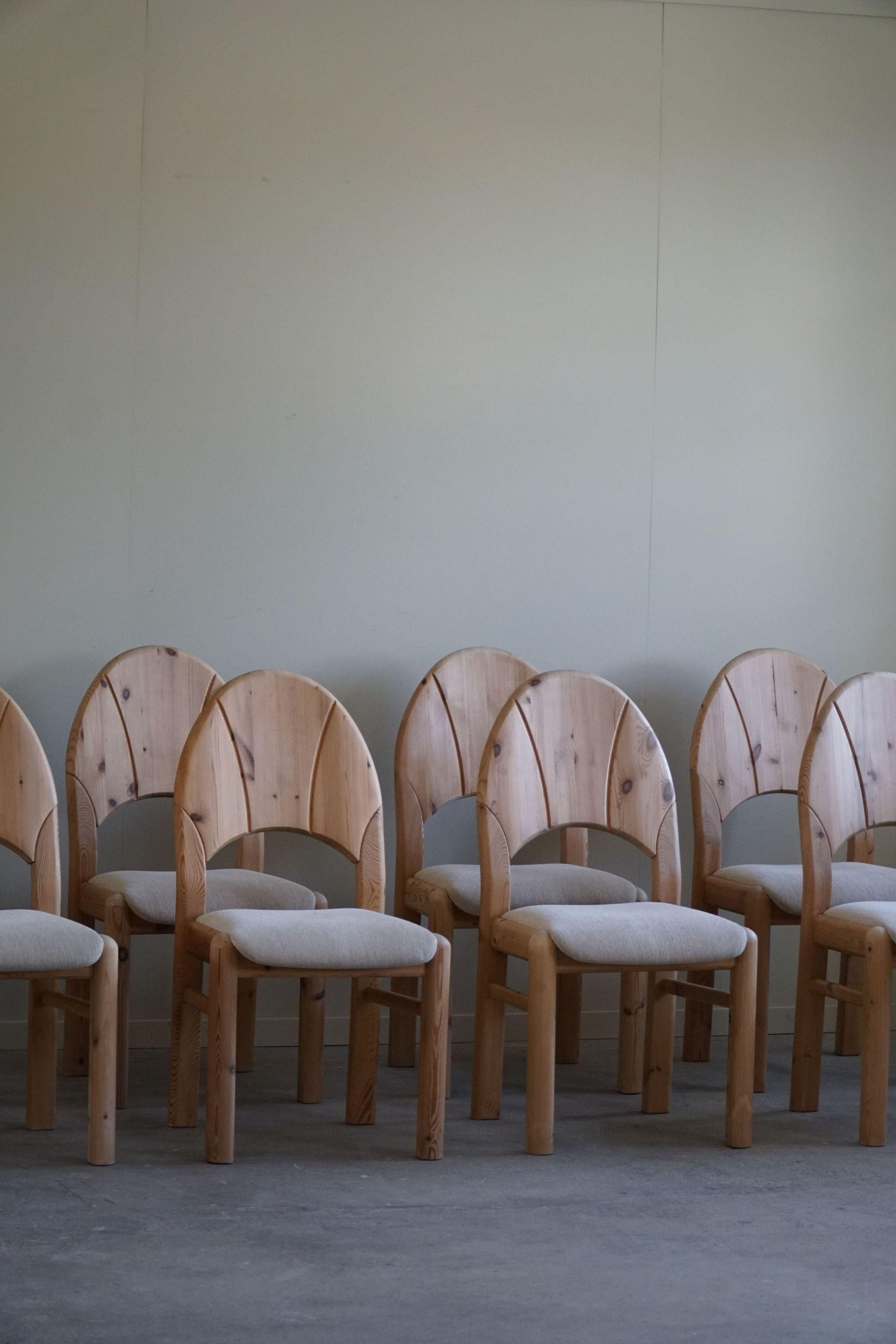 Mid-Century Modern Set of 8 Sculptural Danish Modern Brutalist Chairs in Pine & Wool, 1970s For Sale