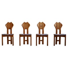 Set of 8 Sculptural Danish Modern Brutalist Dining Chairs in Solid Pine, 1970s