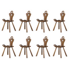 Set of 8 Sculptural French Alpine Chairs in Solid Oak, France, 1950s
