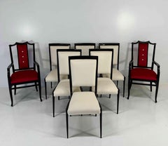 Set of 8 Seats with 6 Chairs and 2 Armchairs, Black Lacquered Wood and Velvet