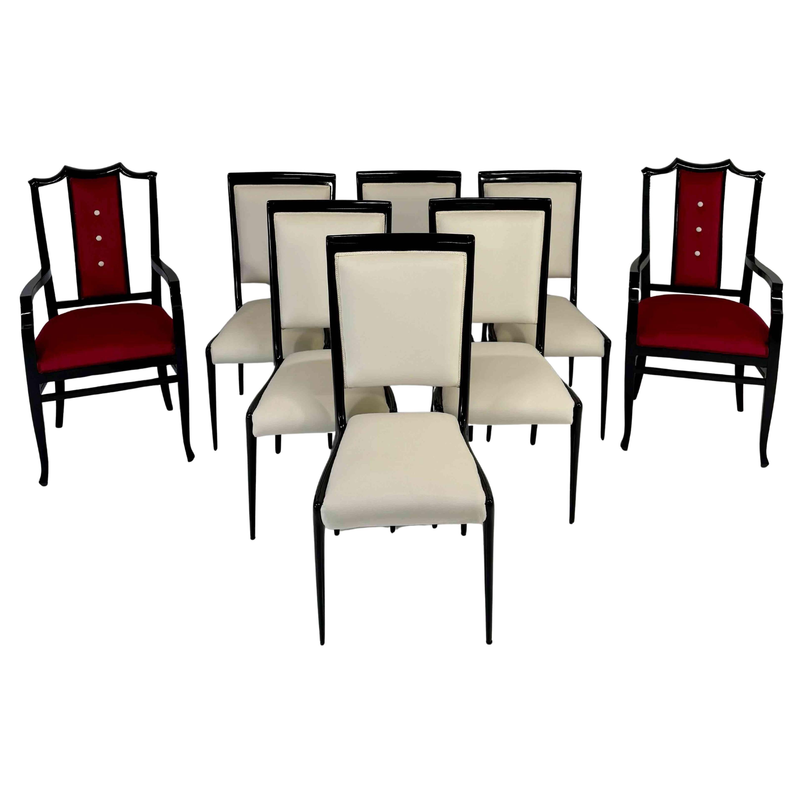 Set of 8 Seats with 6 Chairs and 2 Armchairs, Black Lacquered Wood and Velvet