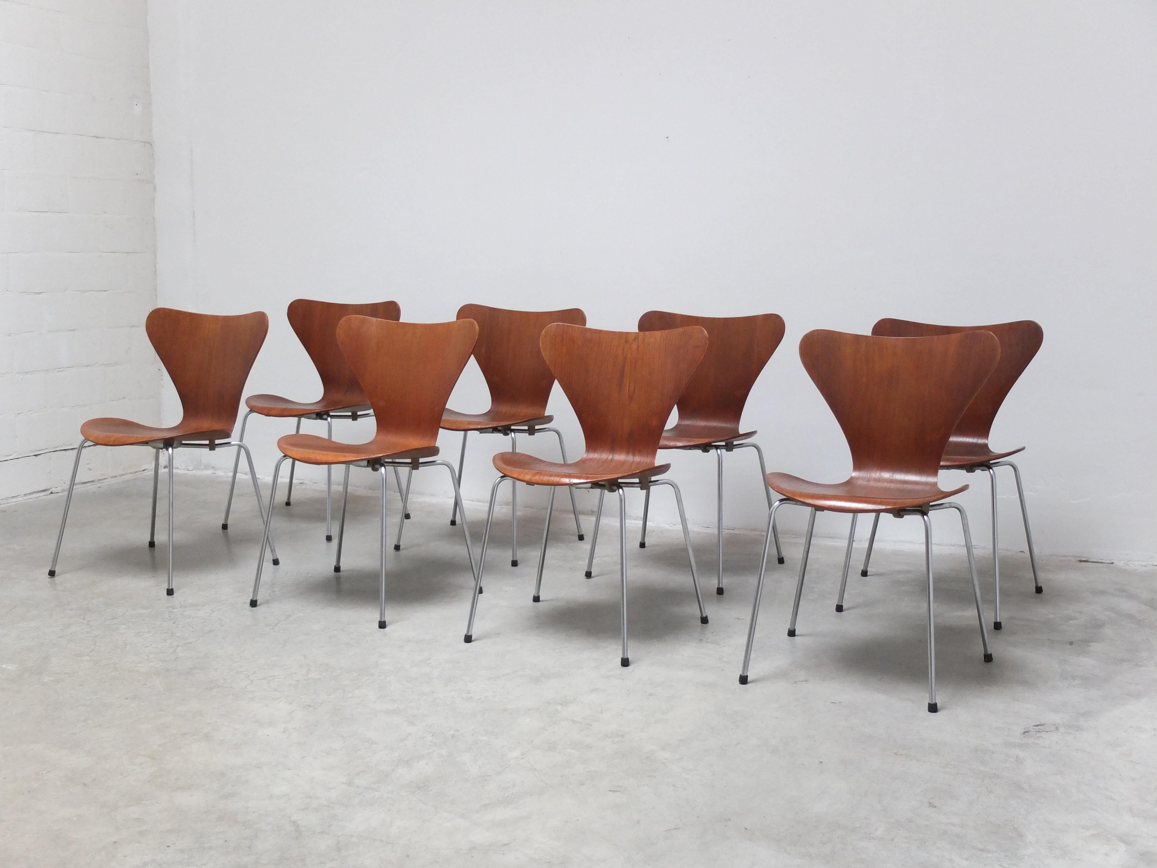 Danish Set of 8 'Series 7' Chairs in Teak by Arne Jacobsen for Fritz Hansen, 1955