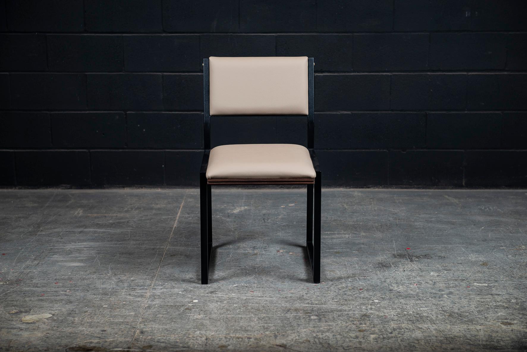 Modern Set of 8, Shaker Chair by Ambrozia, Solid Walnut, Black Steel and Sandle Vinyl For Sale